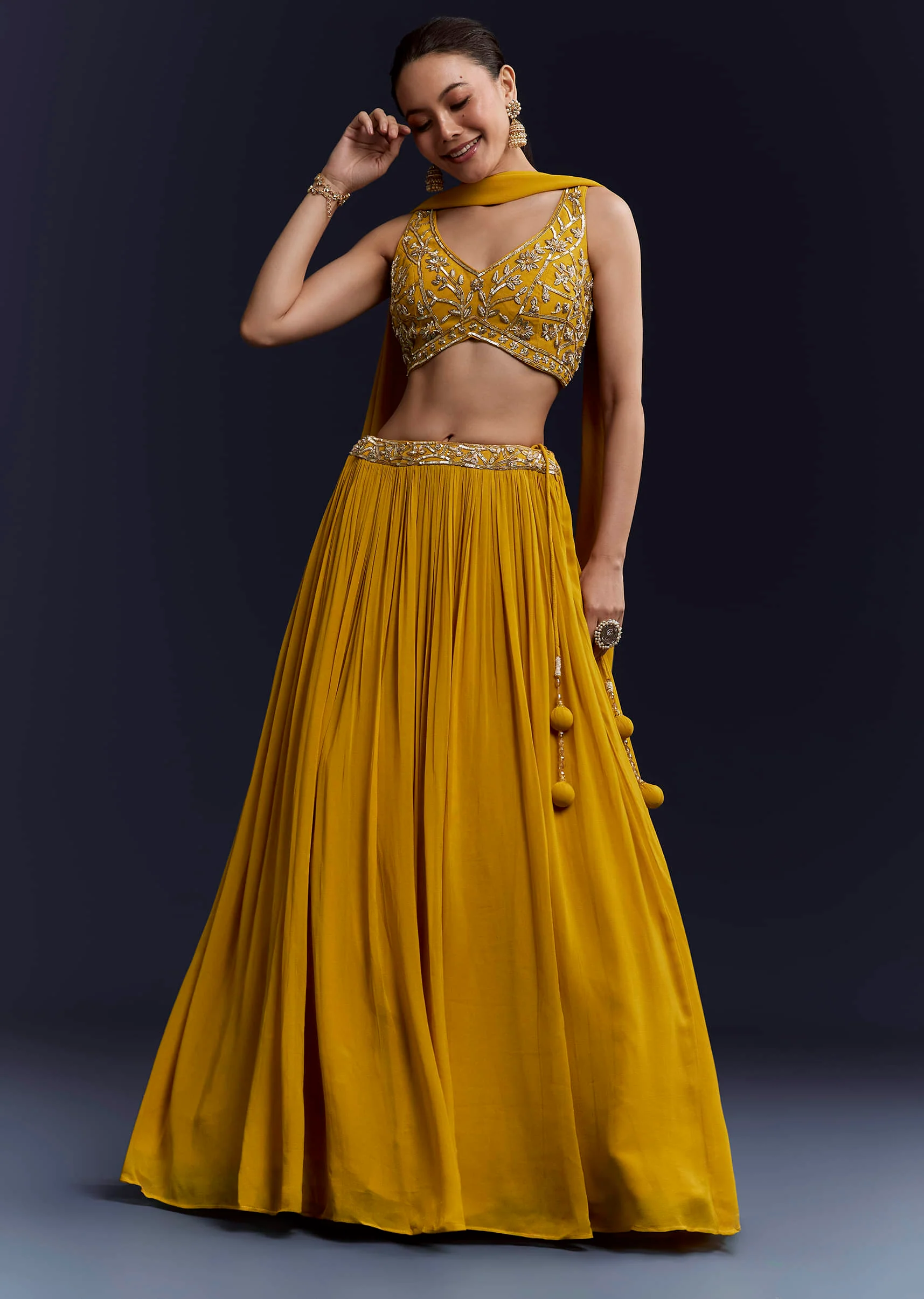 Yellow Bridesmaid Georgette Lehenga Set with Cutdana Embroidery - Image 4