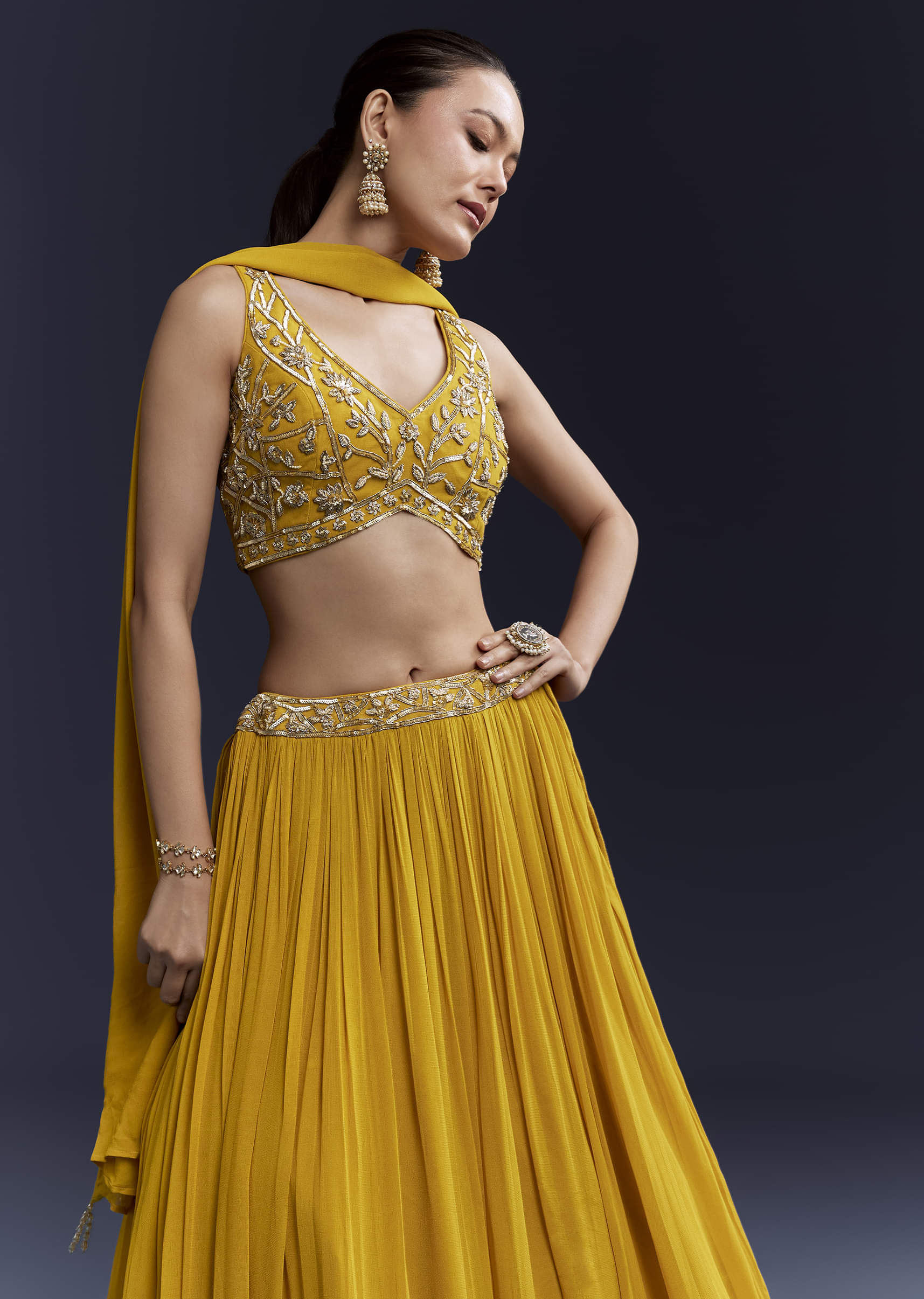 Yellow Bridesmaid Georgette Lehenga Set with Cutdana Embroidery - Image 5