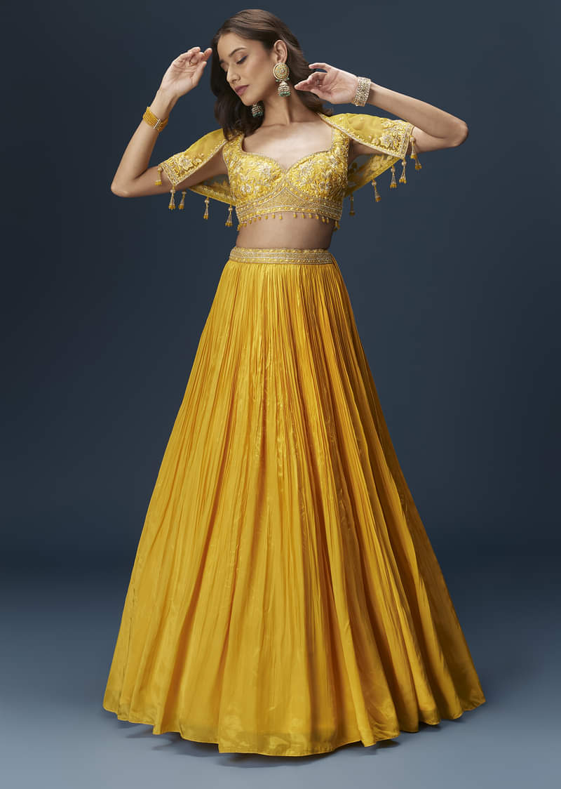 Yellow Bridesmaid Lehenga With Sleeveless Blouse And Draped Cape - Image 2