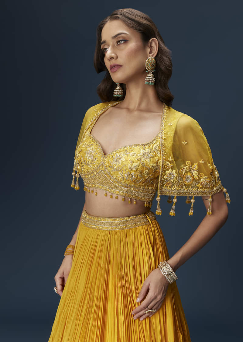 Yellow Bridesmaid Lehenga With Sleeveless Blouse And Draped Cape - Image 5