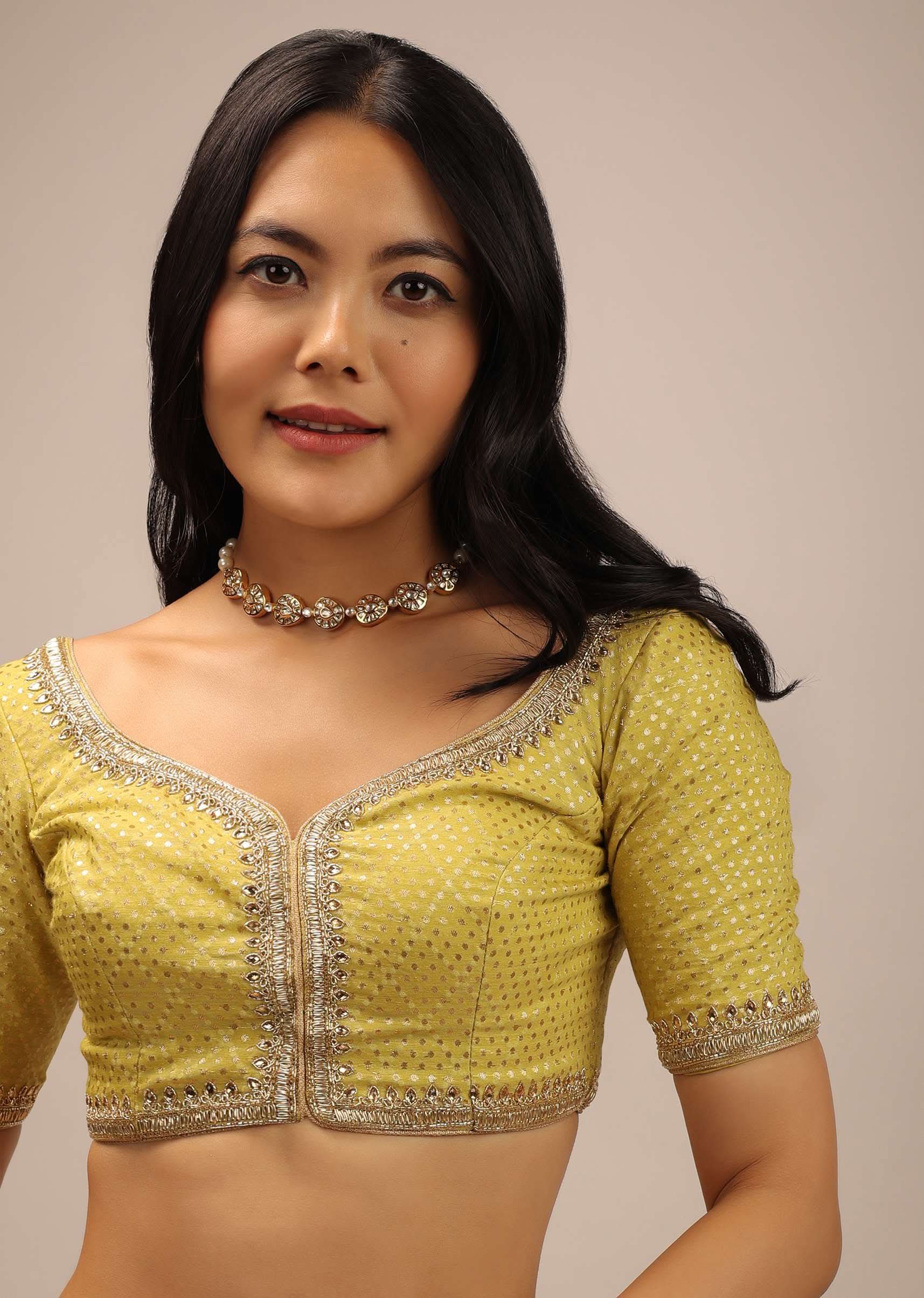 Yellow Brocade Blouse With Front Hook Closure, Half Sleeves And Gotta Patti Embroidery - Image 4