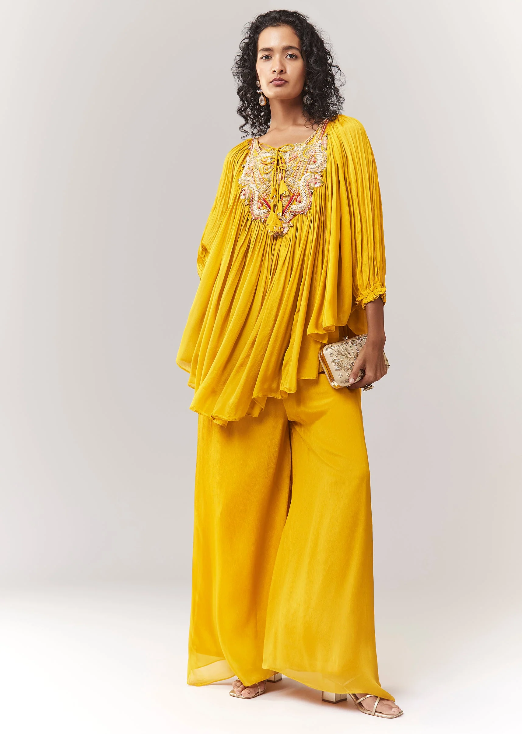 Yellow Cape Style Top Set With Thread And Zardosi Work - Image 3