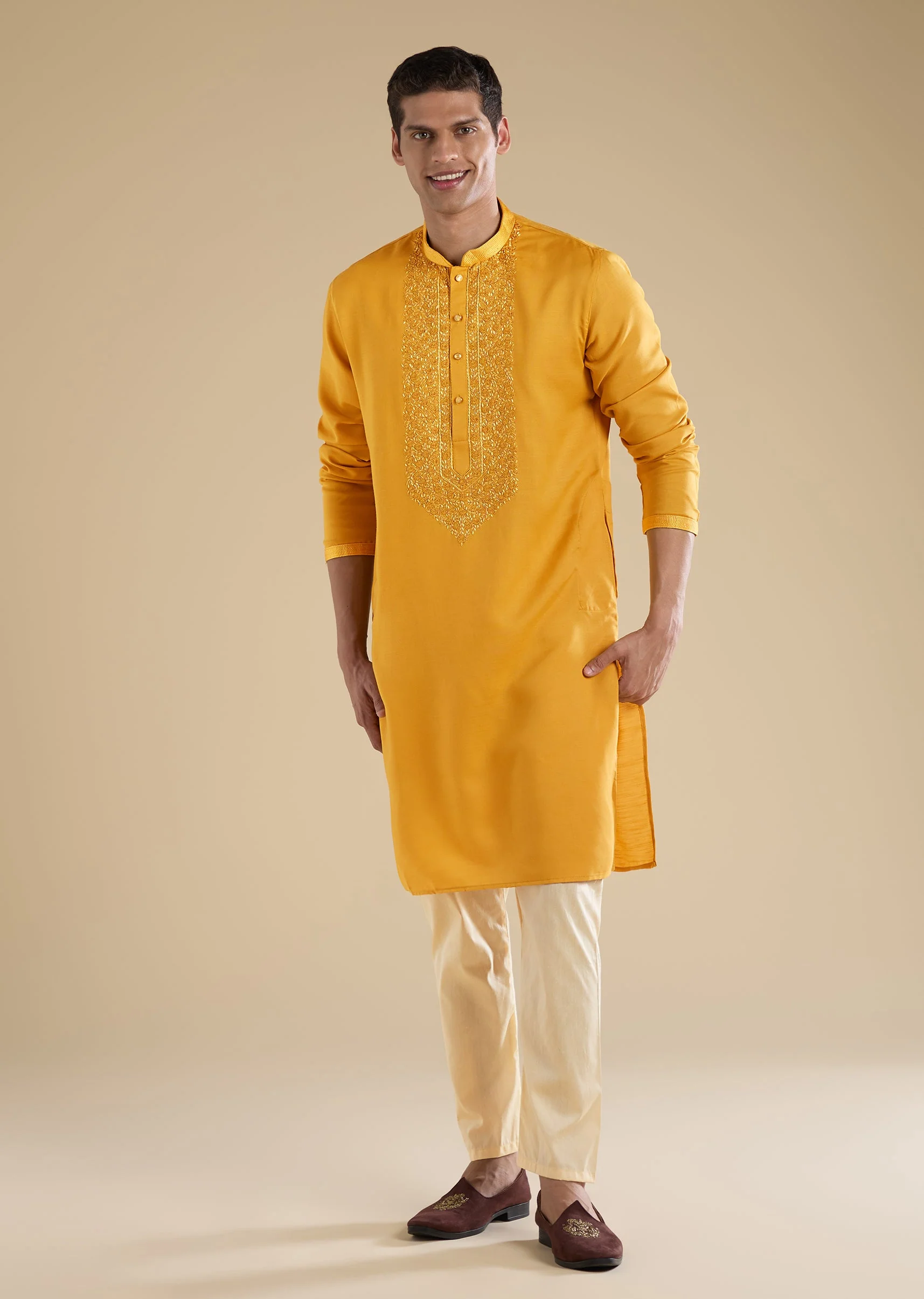 Yellow Casual Kurta Set For Men - Image 2