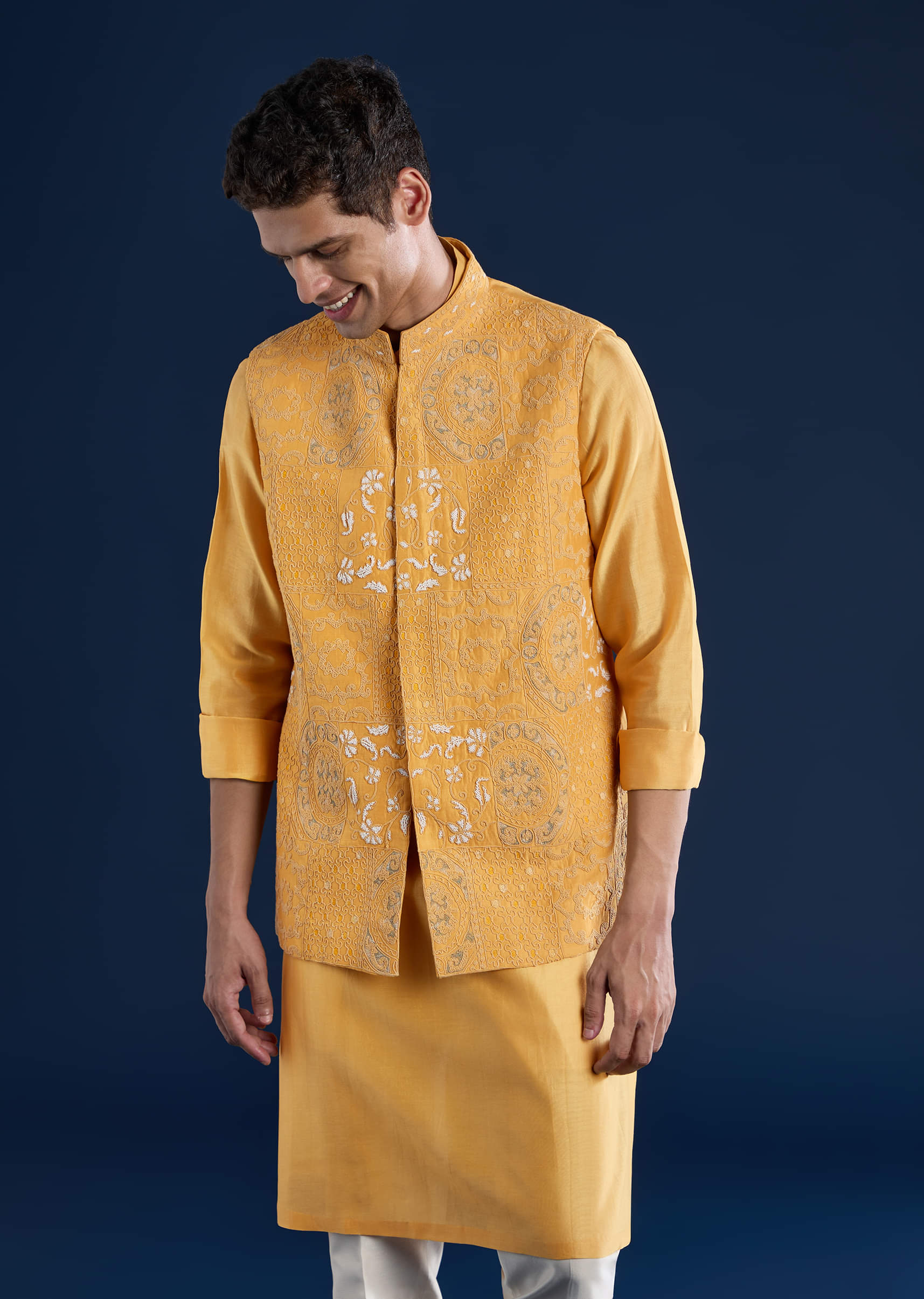 Yellow Chanderi Jacket Kurta Set with Dori Work - Image 4