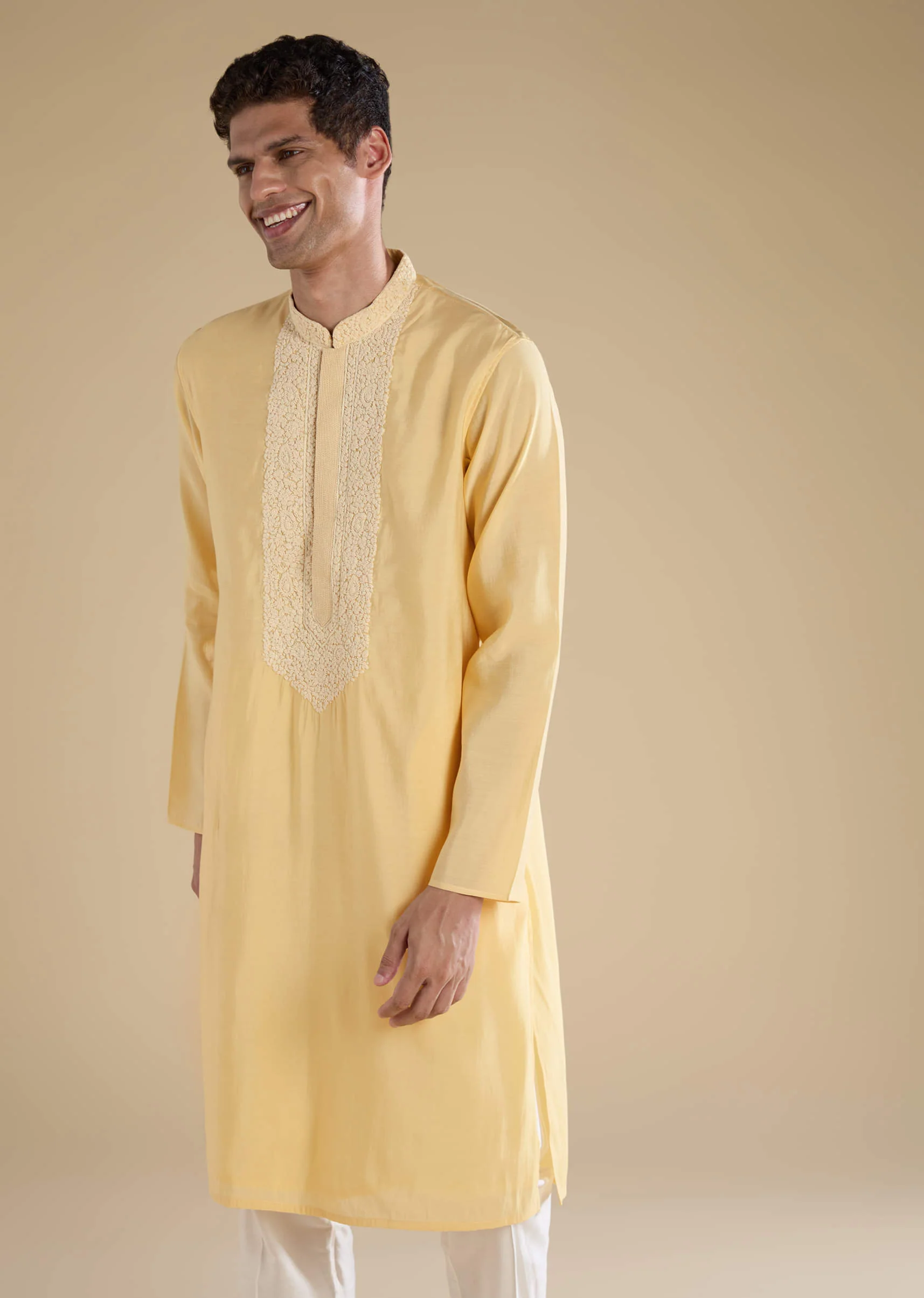 Yellow Chanderi Kashmiri Hand Work Straight Mens Kurta Set - Image 3