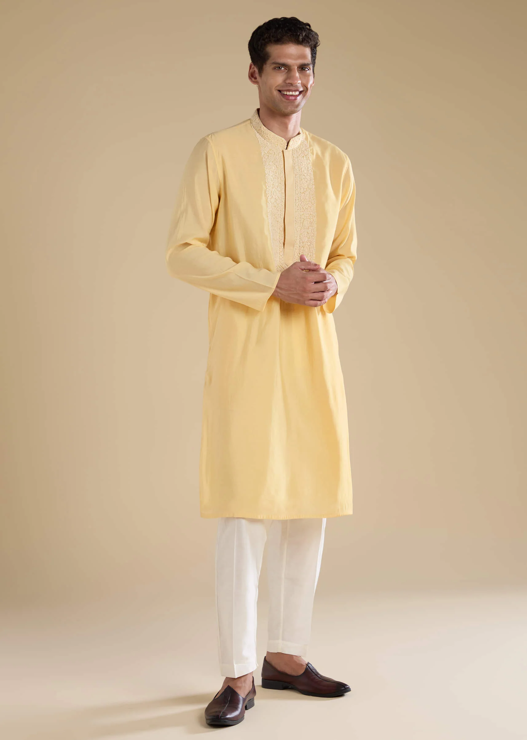 Yellow Chanderi Kashmiri Hand Work Straight Mens Kurta Set - Image 4