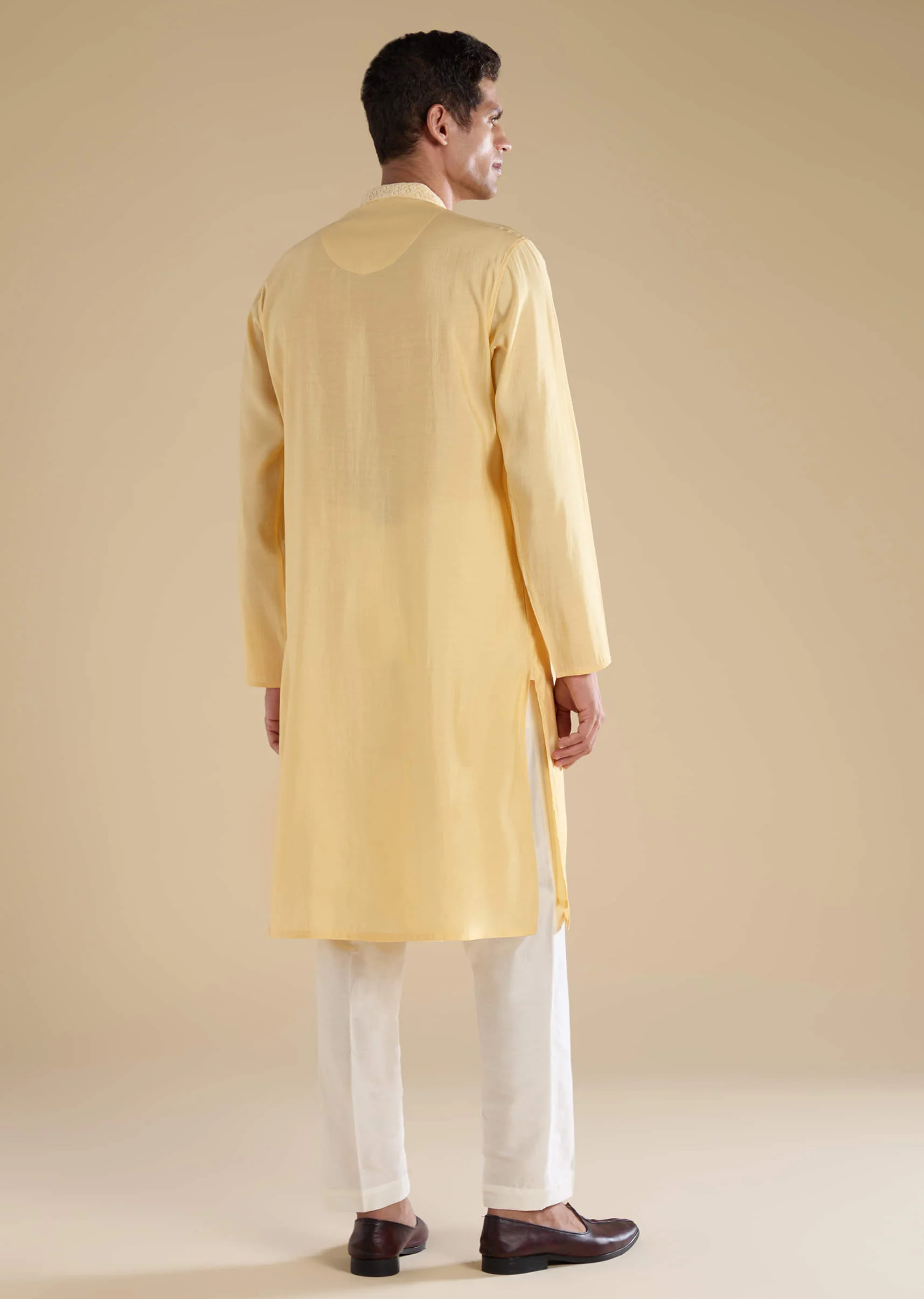 Yellow Chanderi Kashmiri Hand Work Straight Mens Kurta Set - Image 5