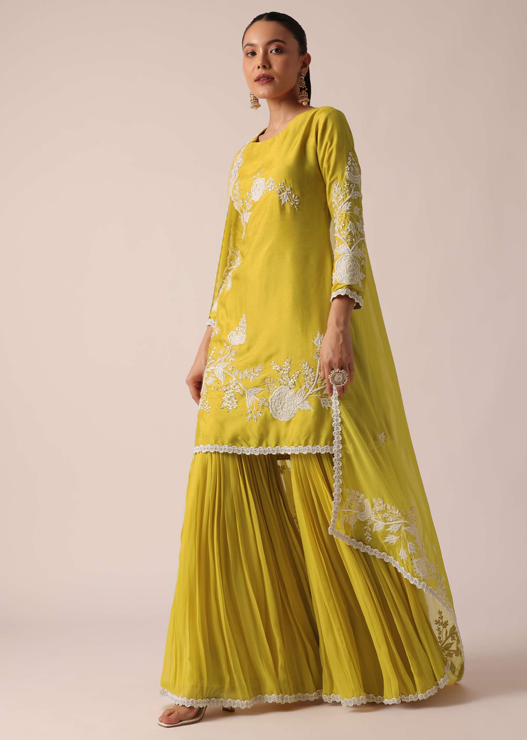 Yellow Chanderi Silk Kurta Sharara Set - Image 3
