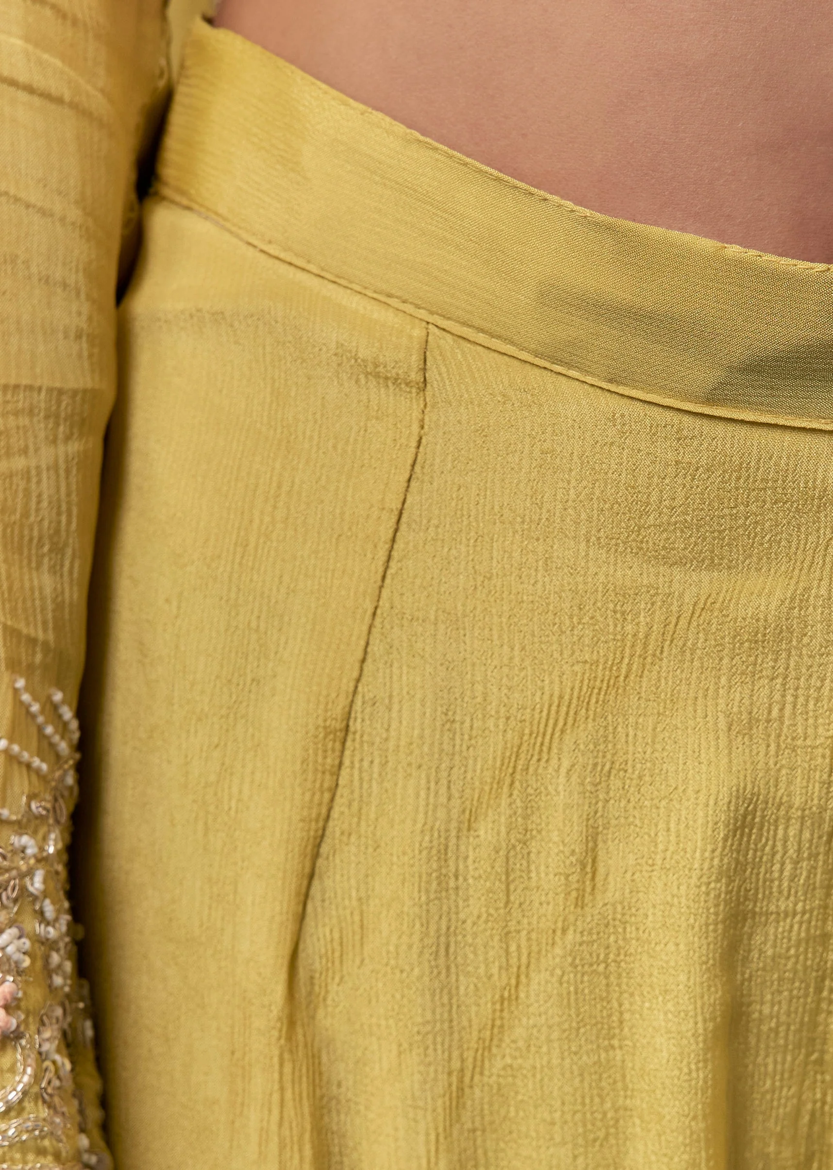 Yellow Chinon Anarkali Set With Moti And Cut Dana Work - Image 6