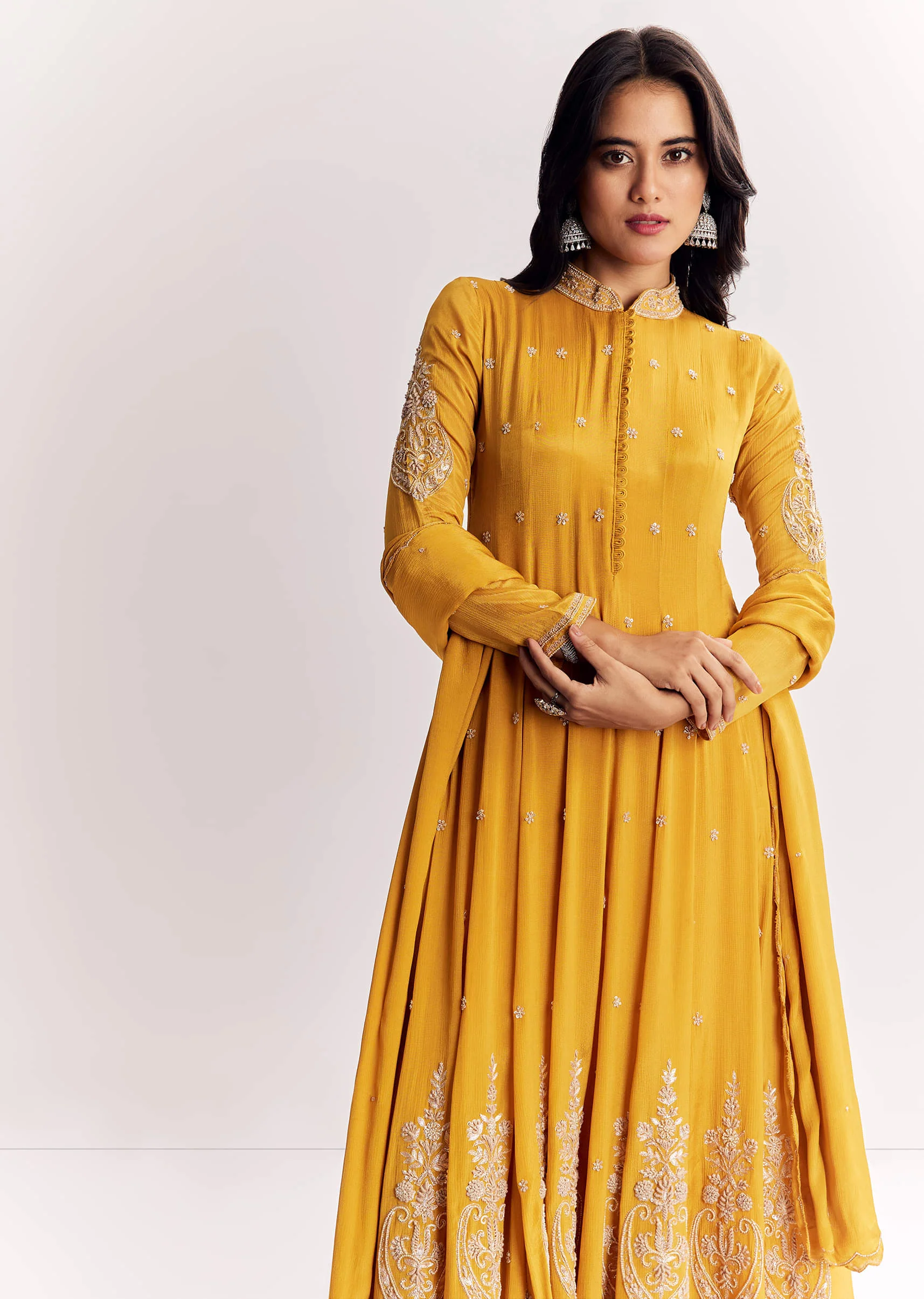 Yellow Chinon Anarkali Suit With Moti Sequins And Cutdana Dupatta - Image 4