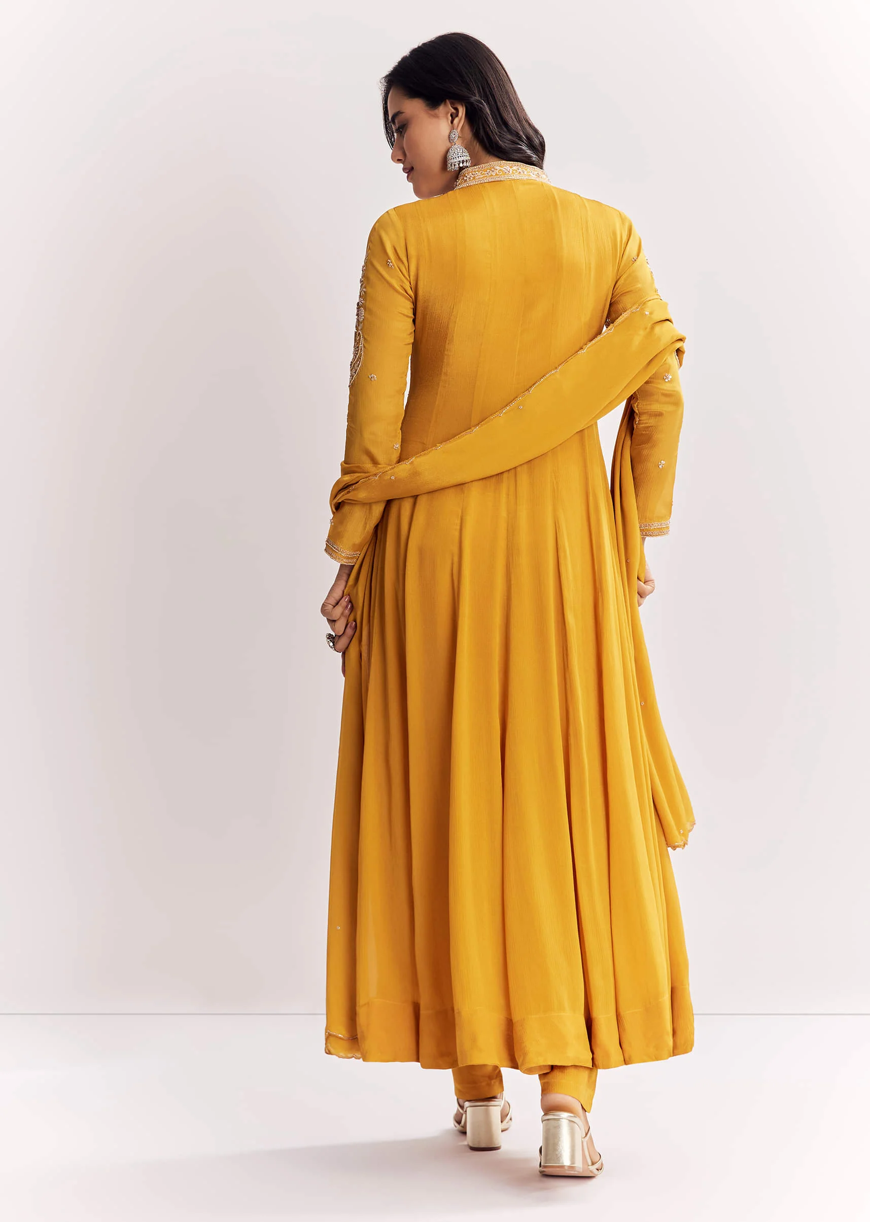 Yellow Chinon Anarkali Suit With Moti Sequins And Cutdana Dupatta - Image 5