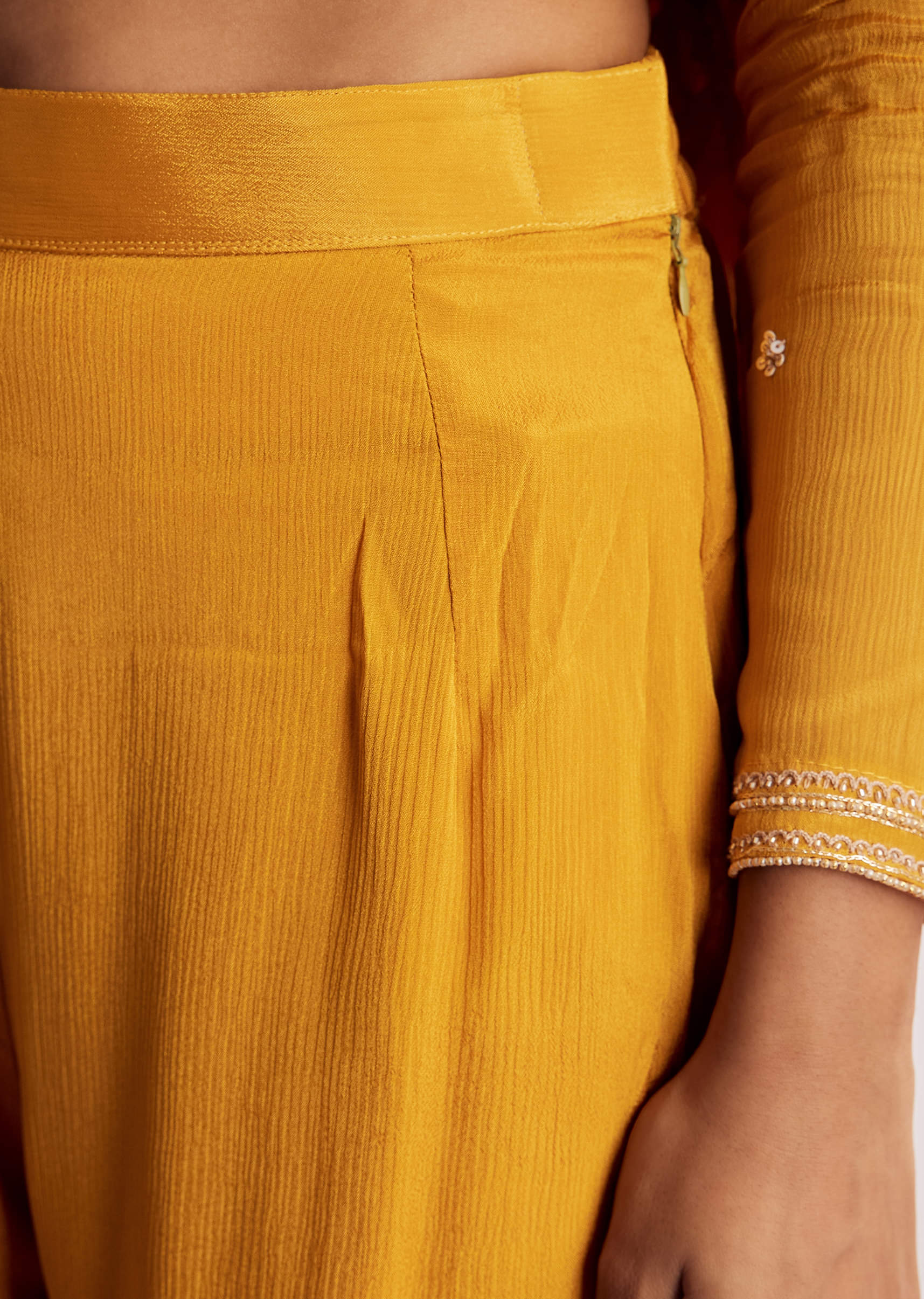 Yellow Chinon Anarkali Suit With Moti Sequins And Cutdana Dupatta - Image 7