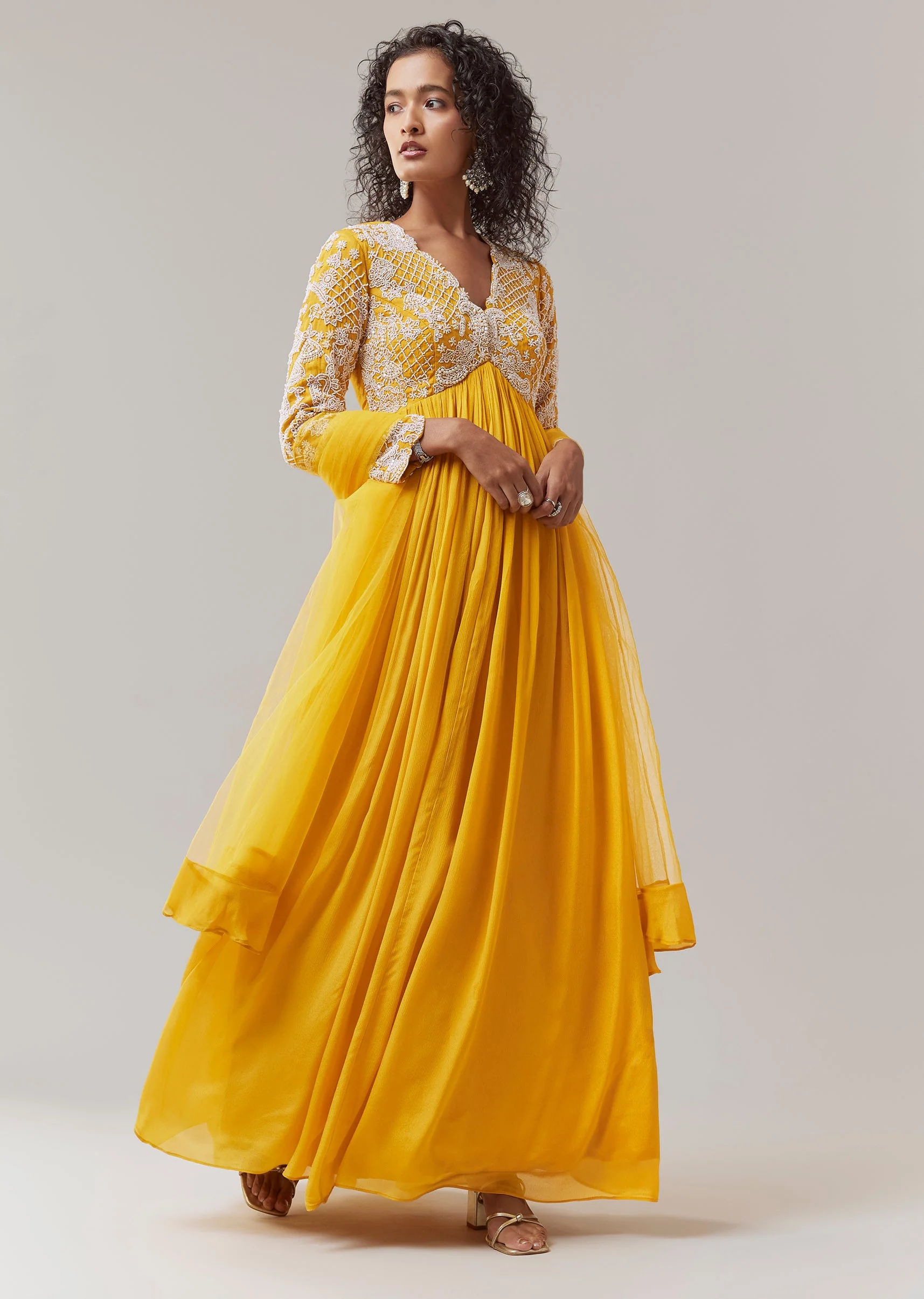 Yellow Chinon Embroidered Anarkali with Dupatta - Image 3