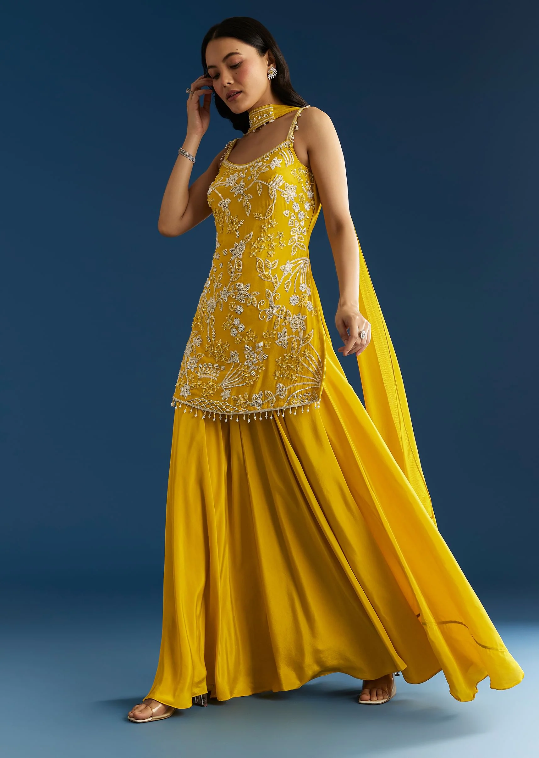 Yellow Chinon Kurta Palazzo Set With Choker Style Dupatta - Image 3