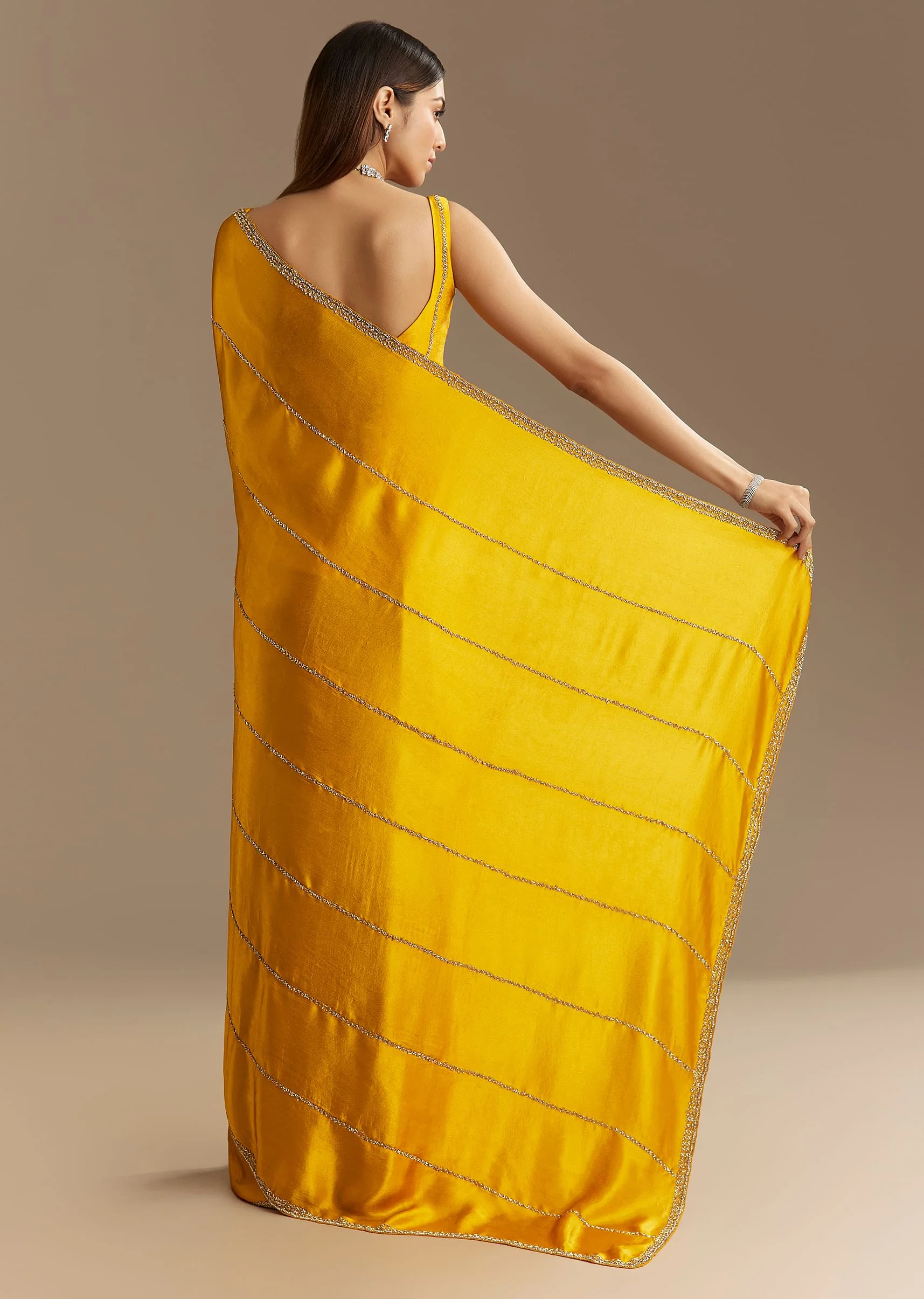 Yellow Chinon Saree With Cutdana Embroidery - Image 7