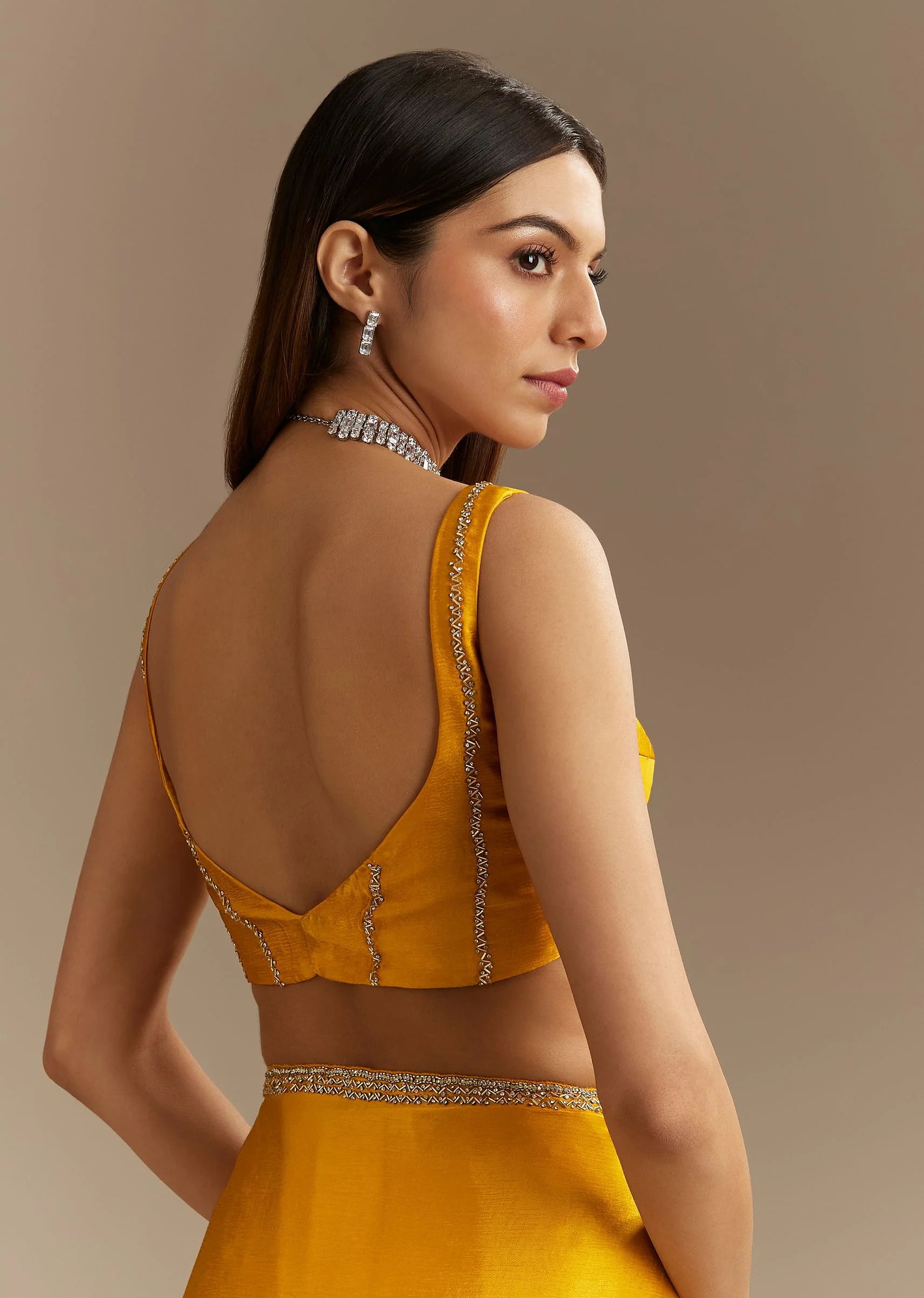 Yellow Chinon Saree With Cutdana Embroidery - Image 9