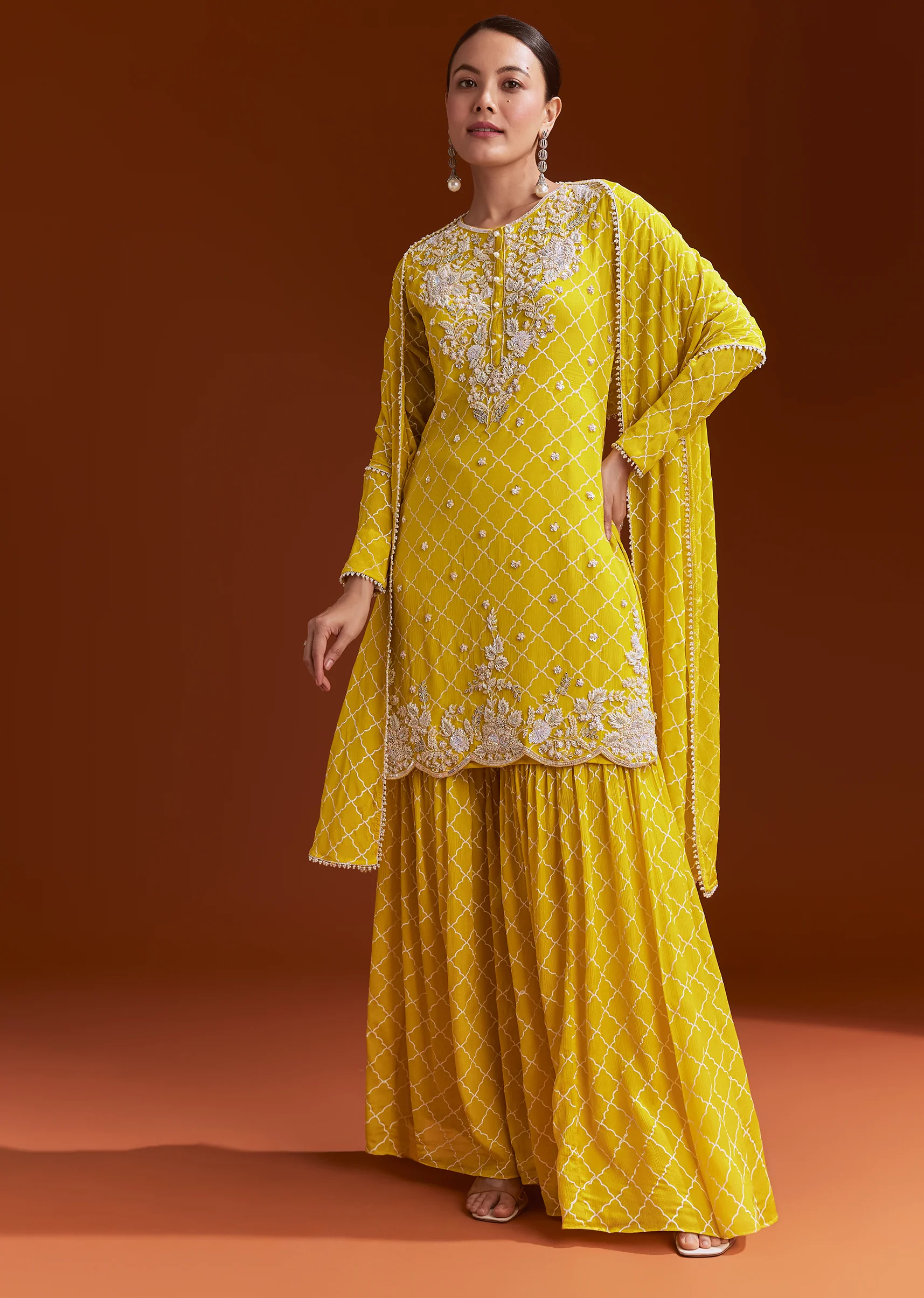 Yellow Chinon Sharara Set With Cutdana And Sequins - Image 4