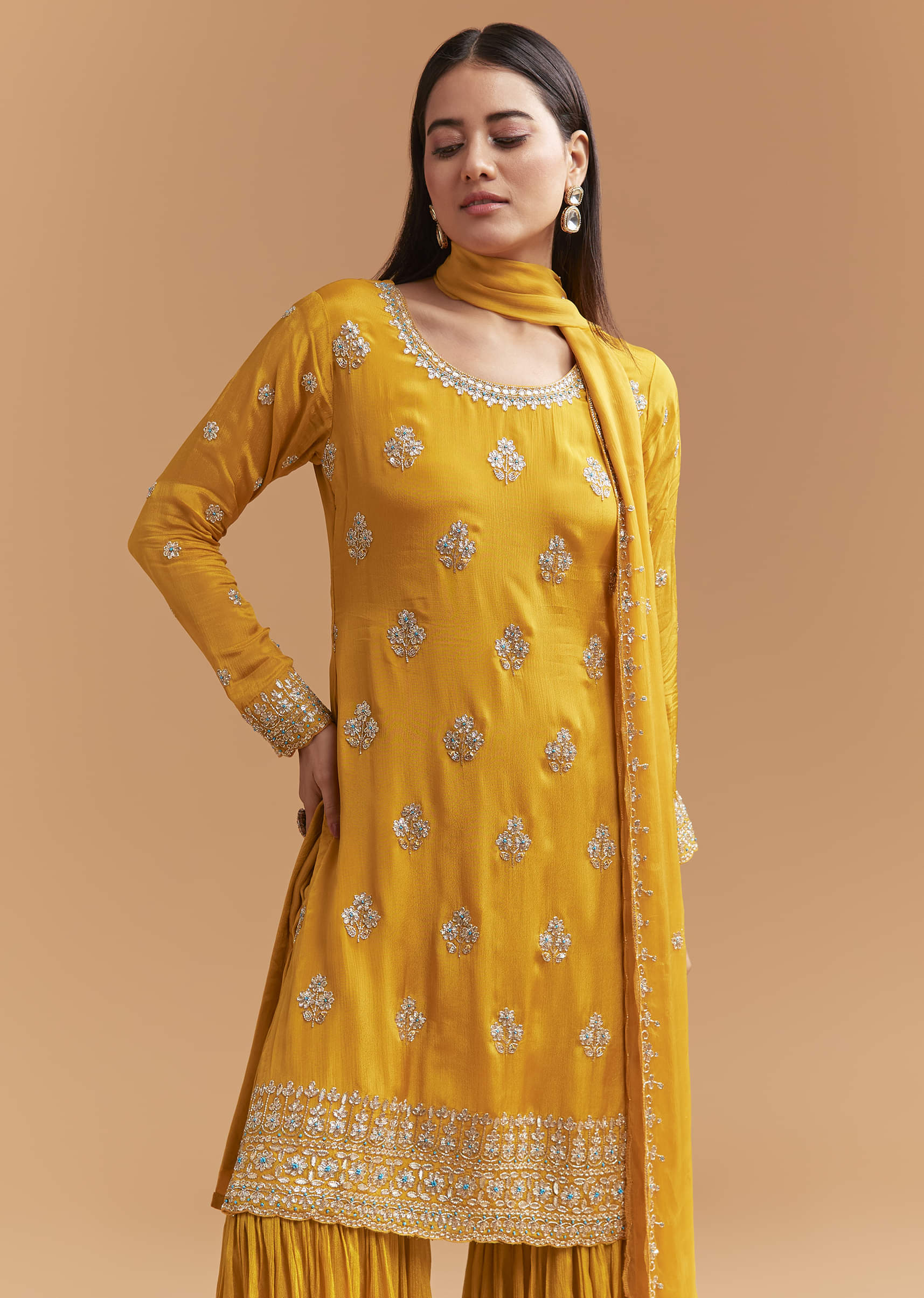 Yellow Chinon Sharara Suit With Intricate Cutdana Work - Image 4