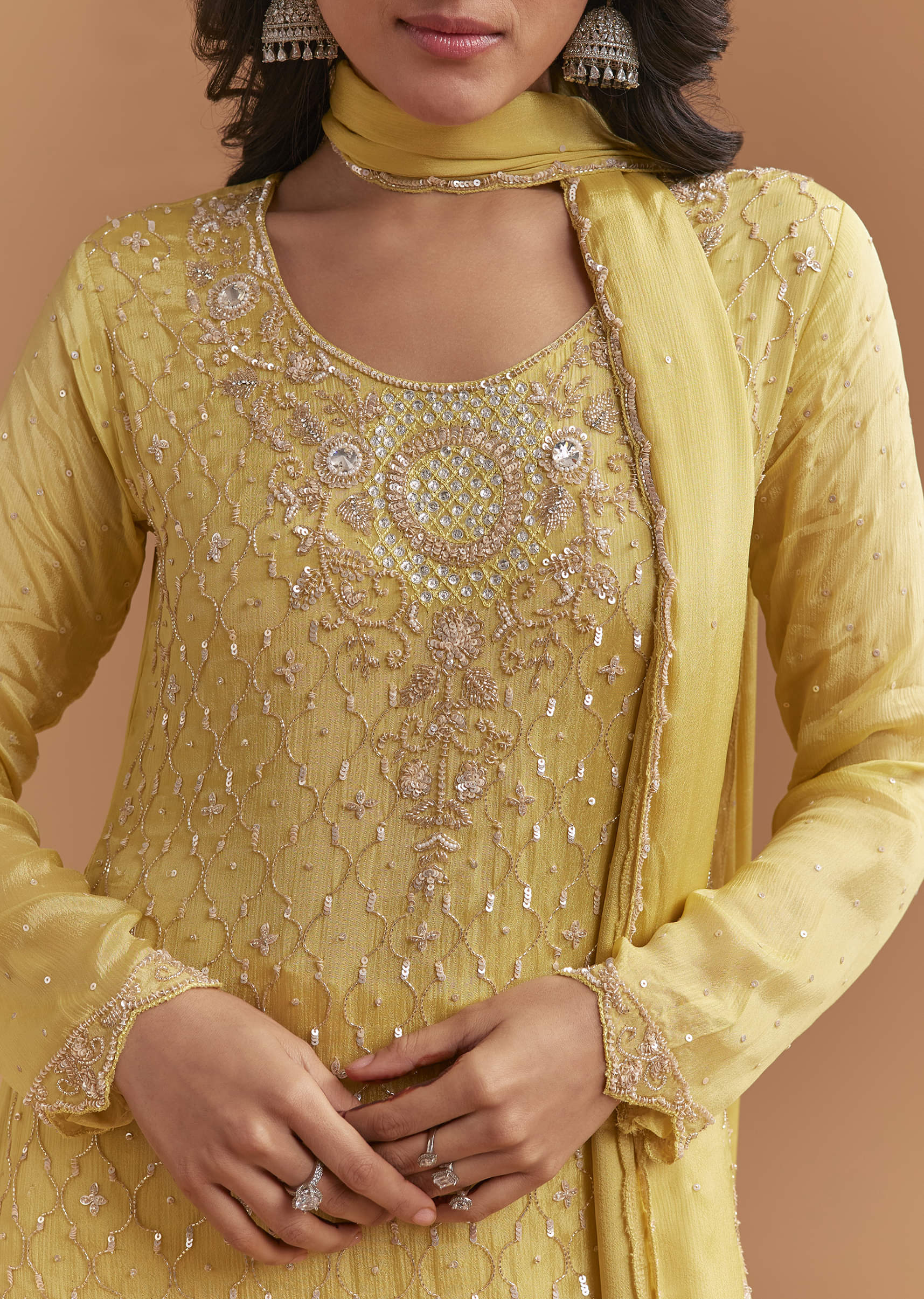 Yellow Chinon Sharara Suit With Sequins And Cutdana Work - Image 2