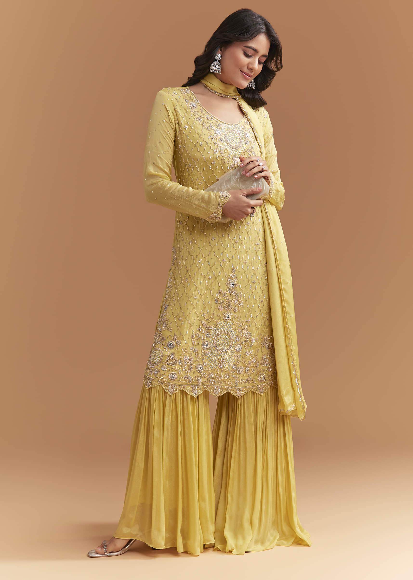 Yellow Chinon Sharara Suit With Sequins And Cutdana Work - Image 4