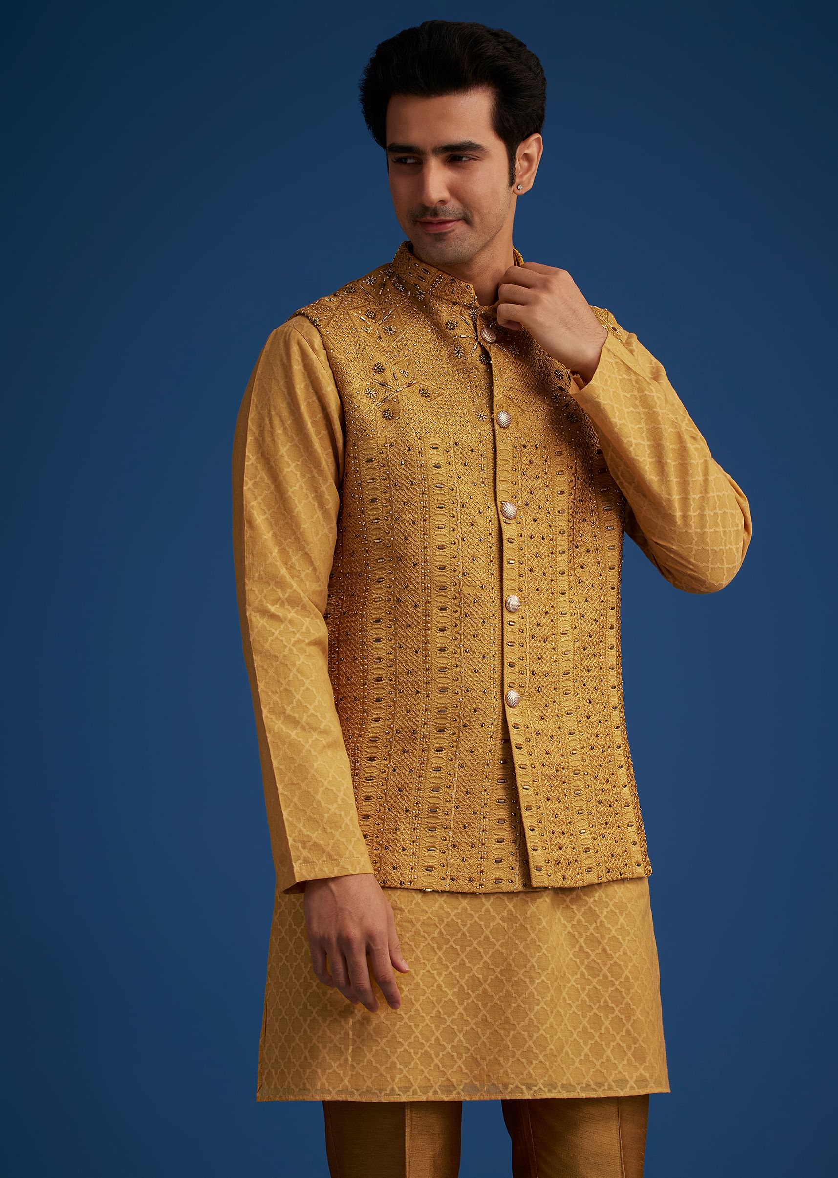 Yellow Cotton Linen Jacket With Stone And Thread Embroidery - Image 3