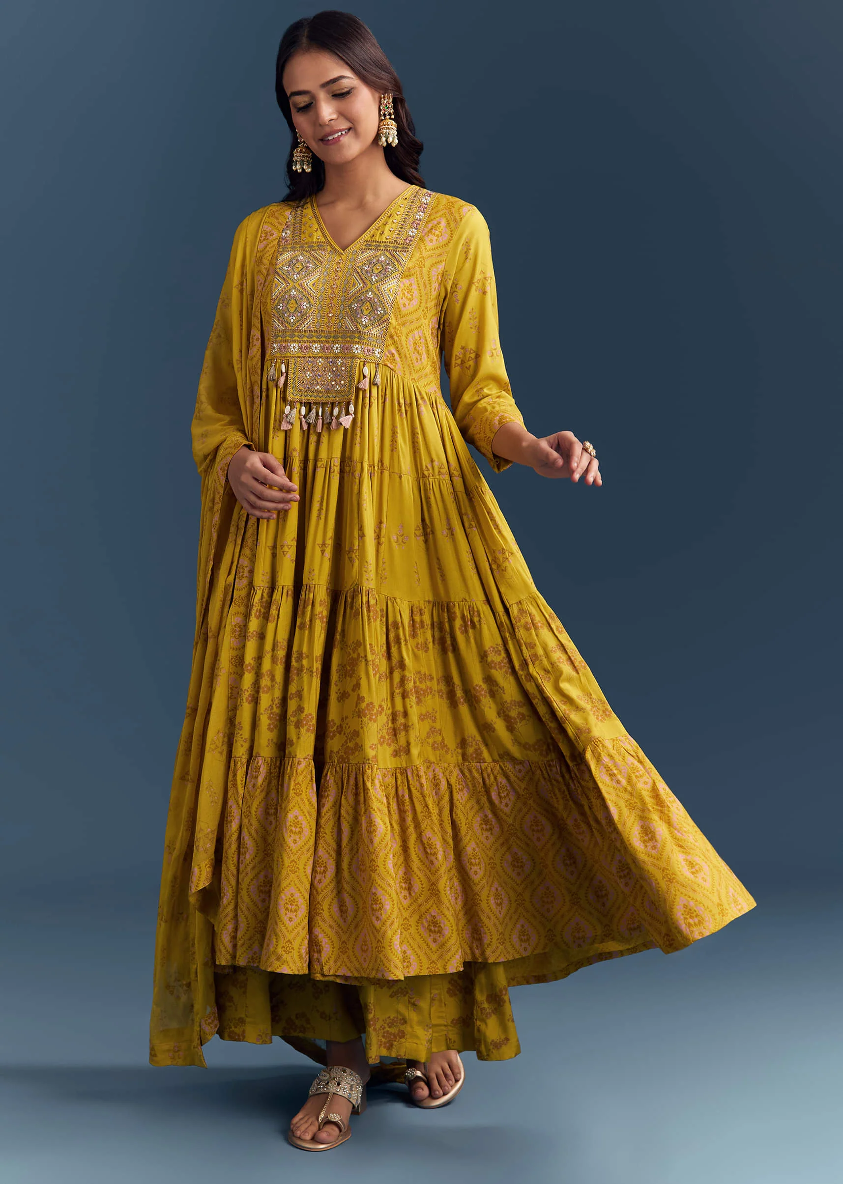 Yellow Cotton Printed Anarkali Suit With Mirror And Thread Embroidery - Image 3