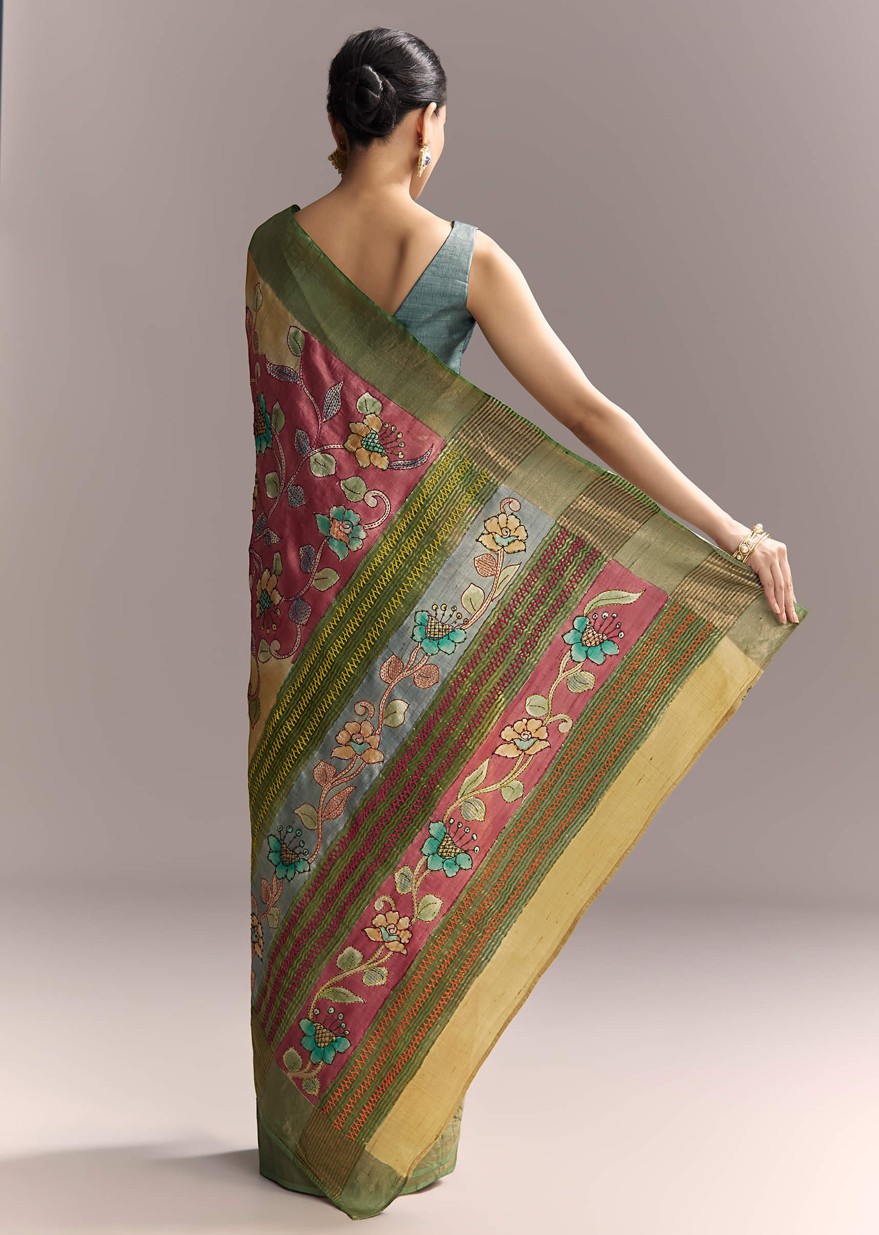 Yellow Cotton Saree With Hand Painted Motifs And Green Border - Image 4