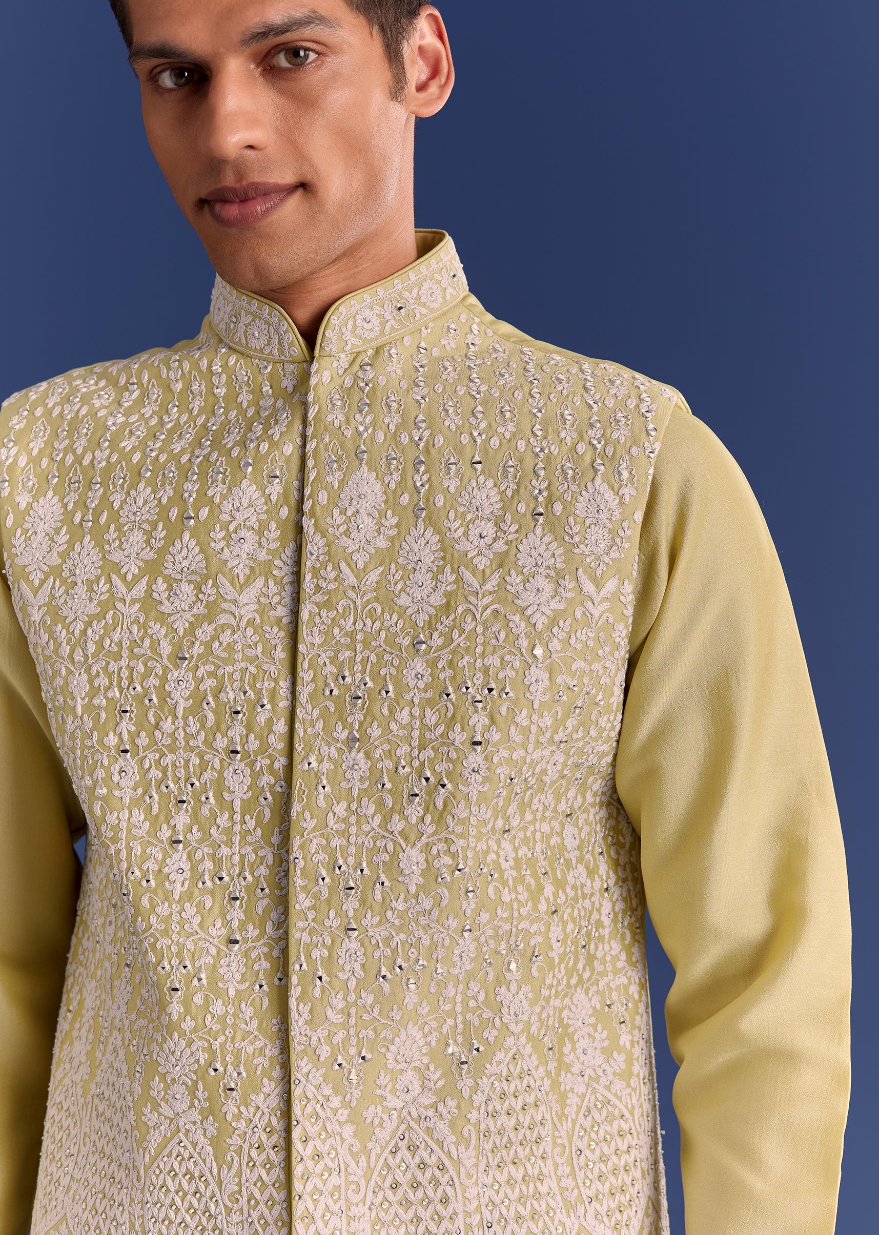 Yellow Cotton Silk Kurta Jacket Set With Mirror And Dori Work - Image 2
