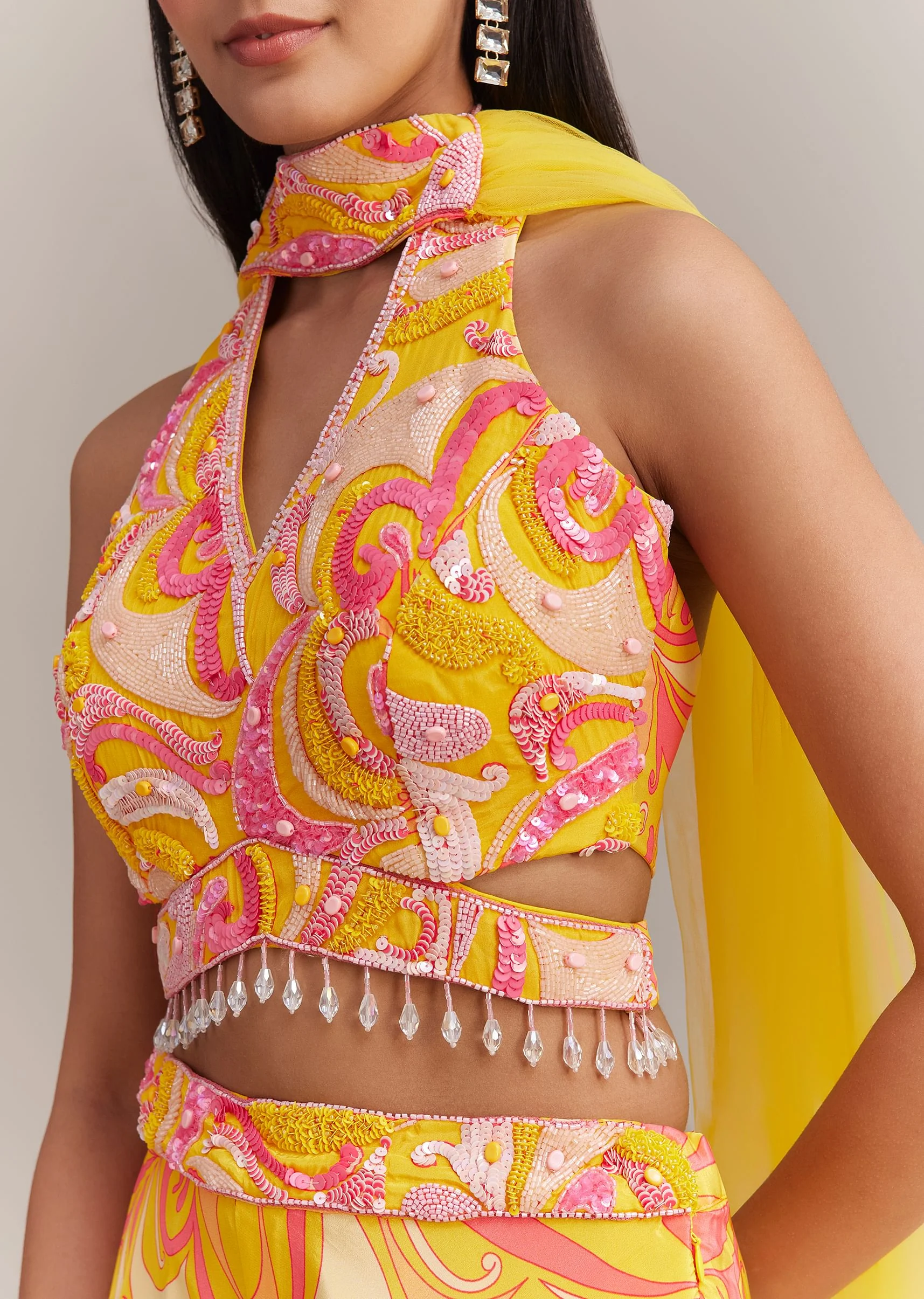 Yellow Crepe Abstract Printed Embroidered Palazzo Set - Image 2