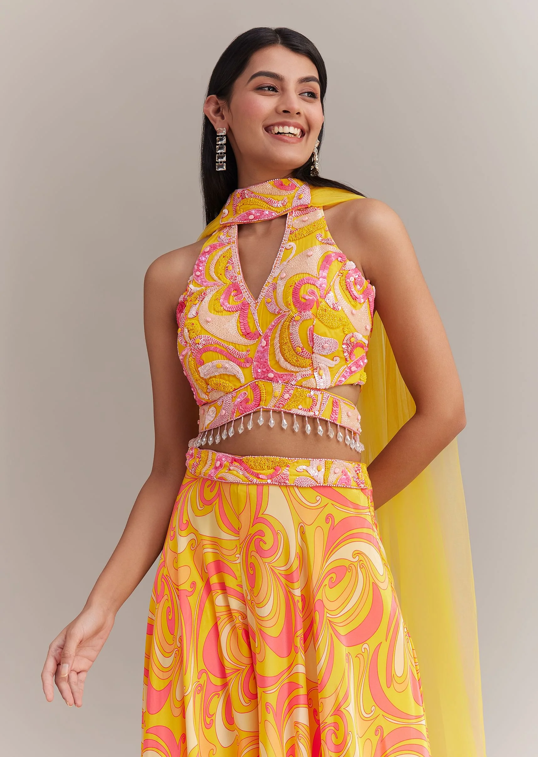 Yellow Crepe Abstract Printed Embroidered Palazzo Set - Image 4