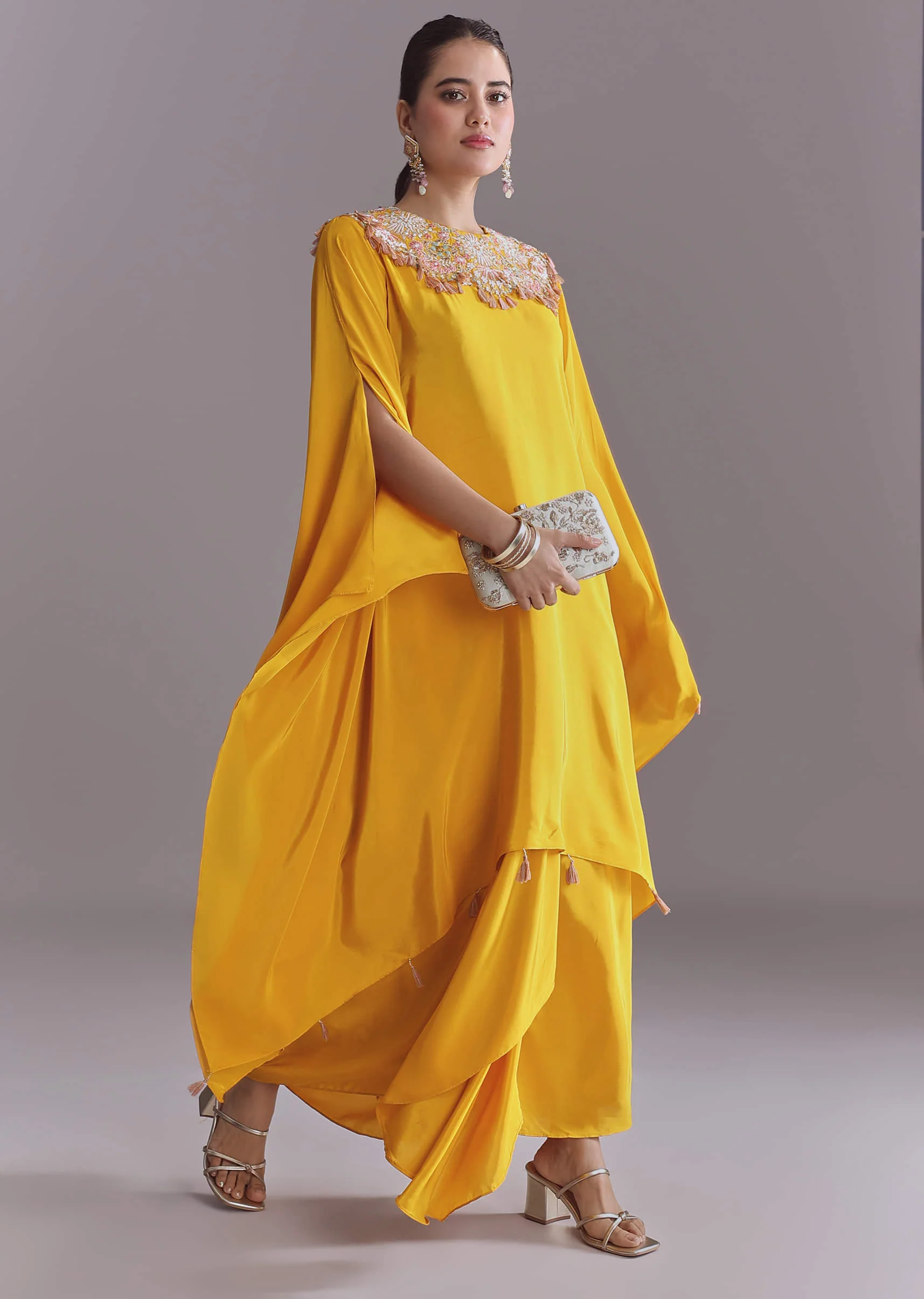 Yellow Crepe Kaftan Top And Drape Skirt Set With Embroidery - Image 3
