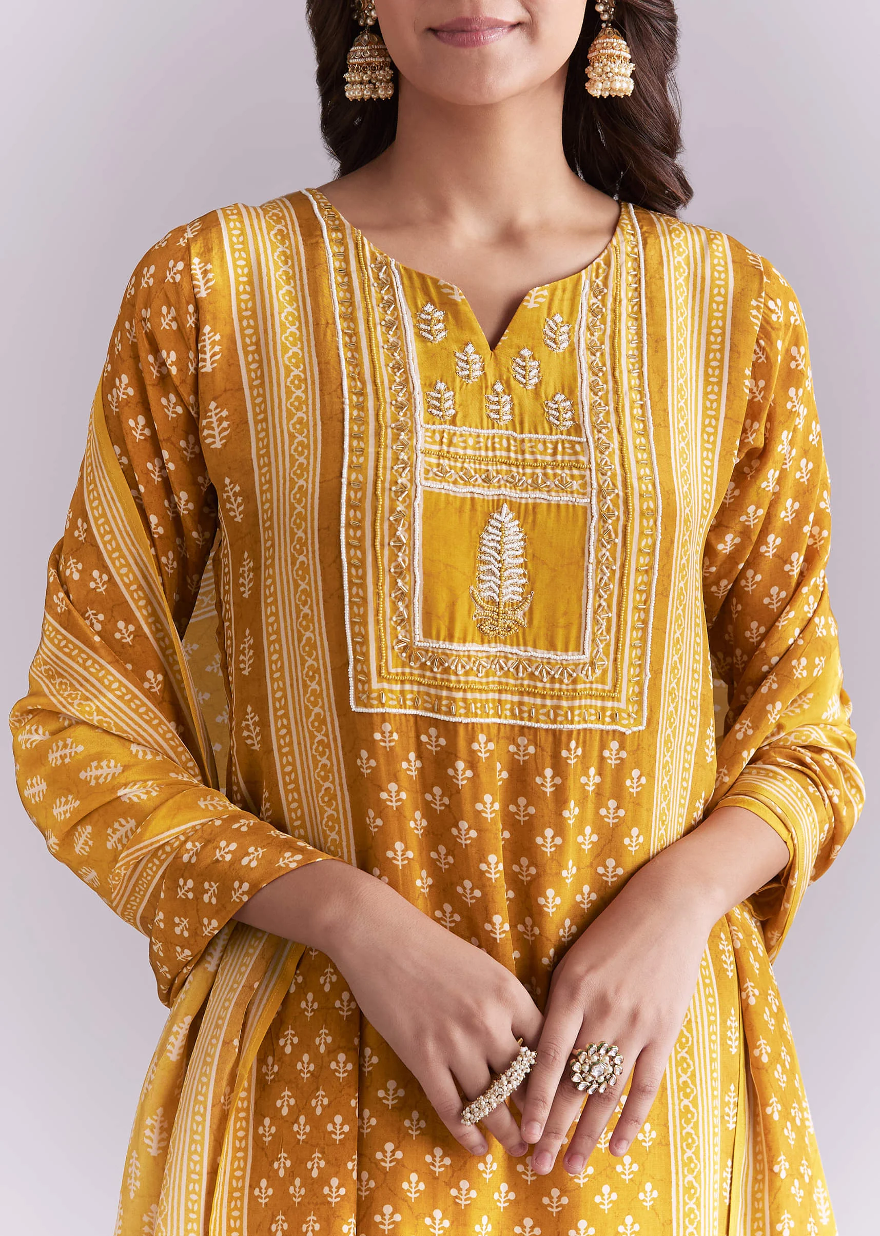 Yellow Crepe Kurta Set With Indie Print And Moti Work - Image 2