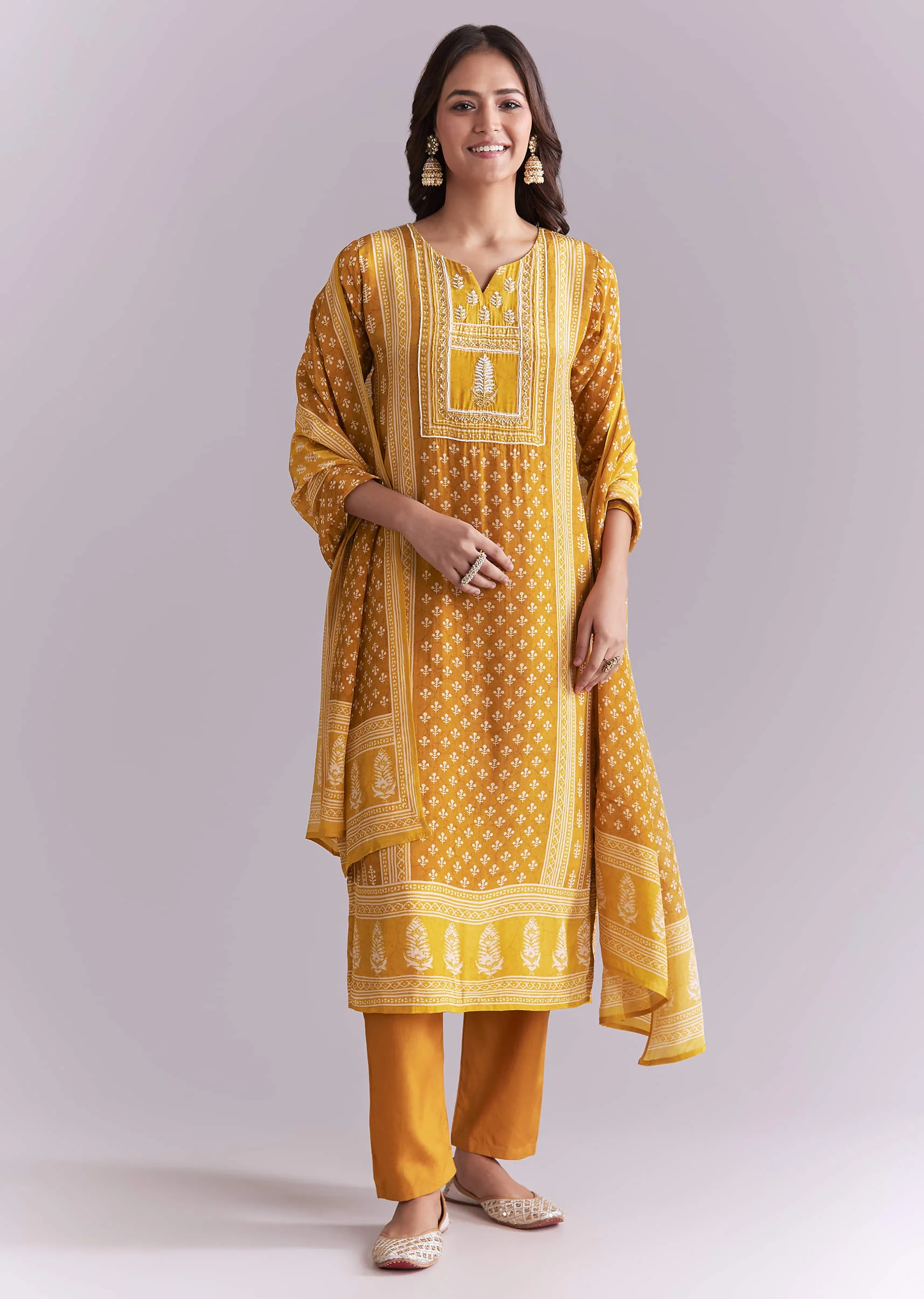 Yellow Crepe Kurta Set With Indie Print And Moti Work - Image 3