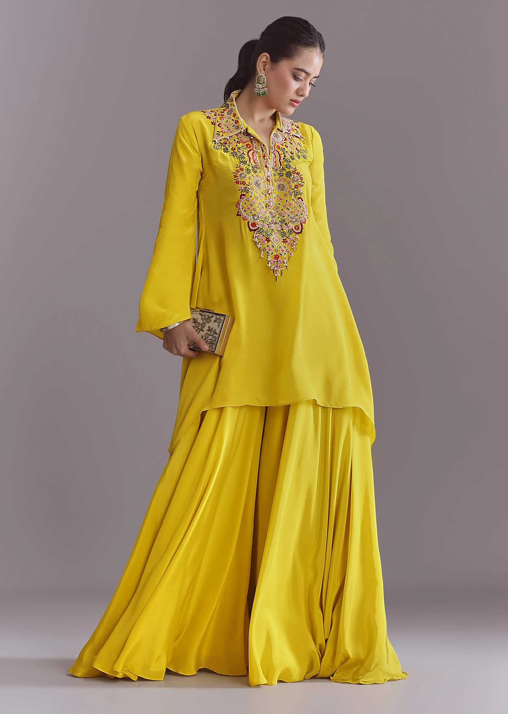 Yellow Crepe Palazzo Suit With Thread And Resham Work - Image 3