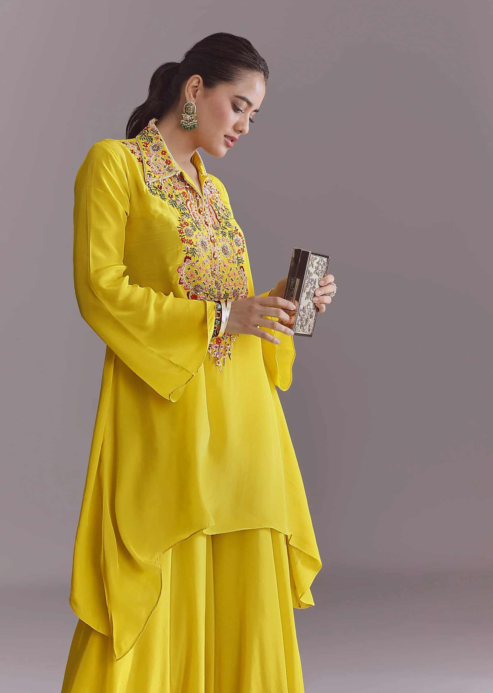 Yellow Crepe Palazzo Suit With Thread And Resham Work - Image 4