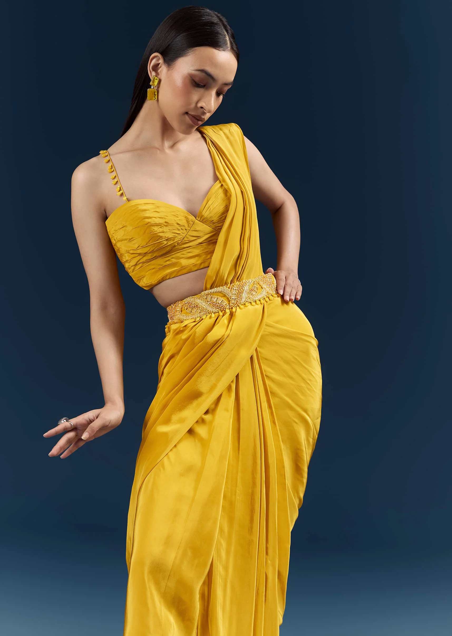 Yellow Crepe Ready Pleated Saree With Heavy Embroidery - Image 2