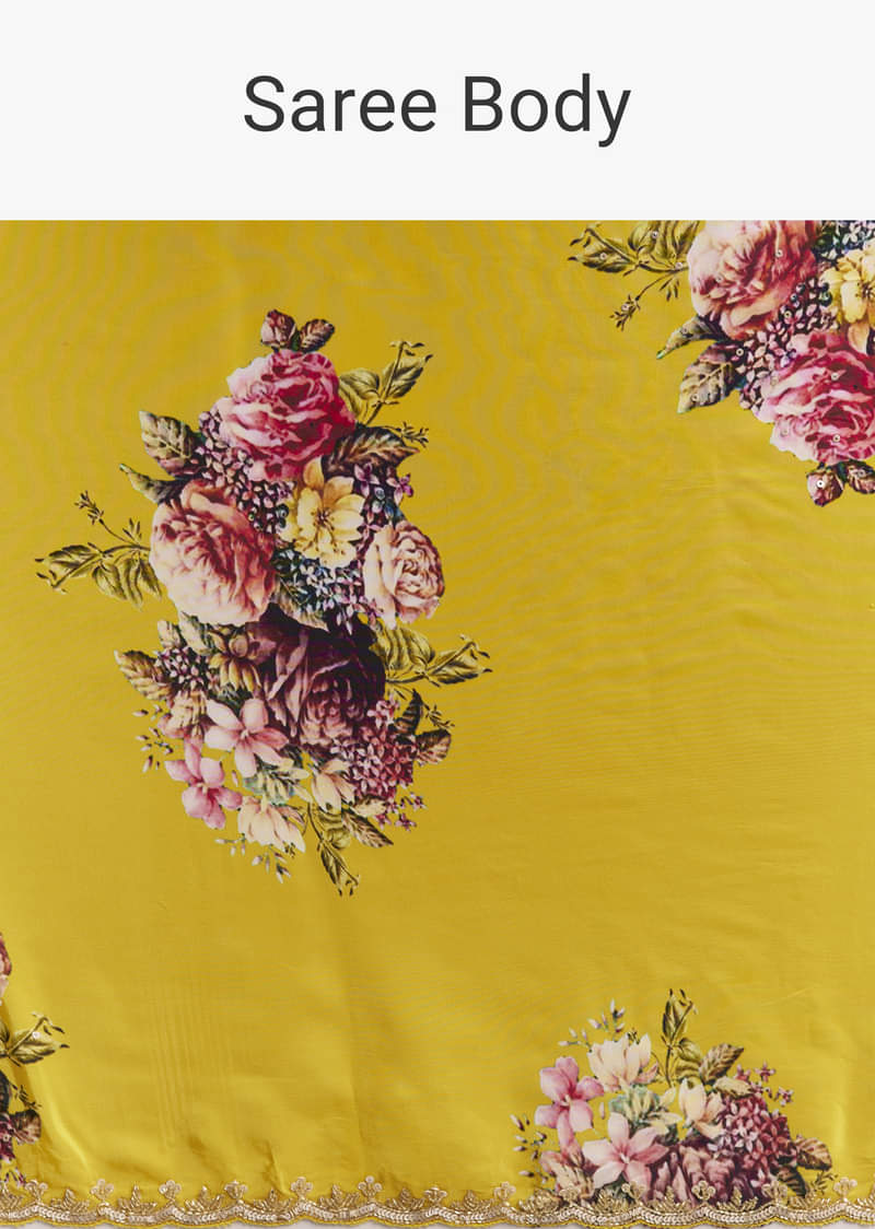 Yellow Crepe Saree With Floral Digital Print And Sequin Embroidery - Image 10
