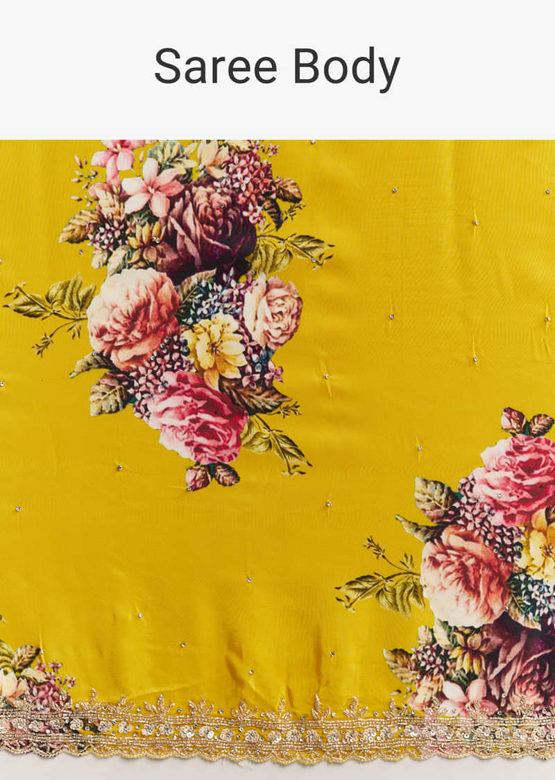 Yellow Crepe Saree With Multicolor Floral Print And Embellished Border - Image 10