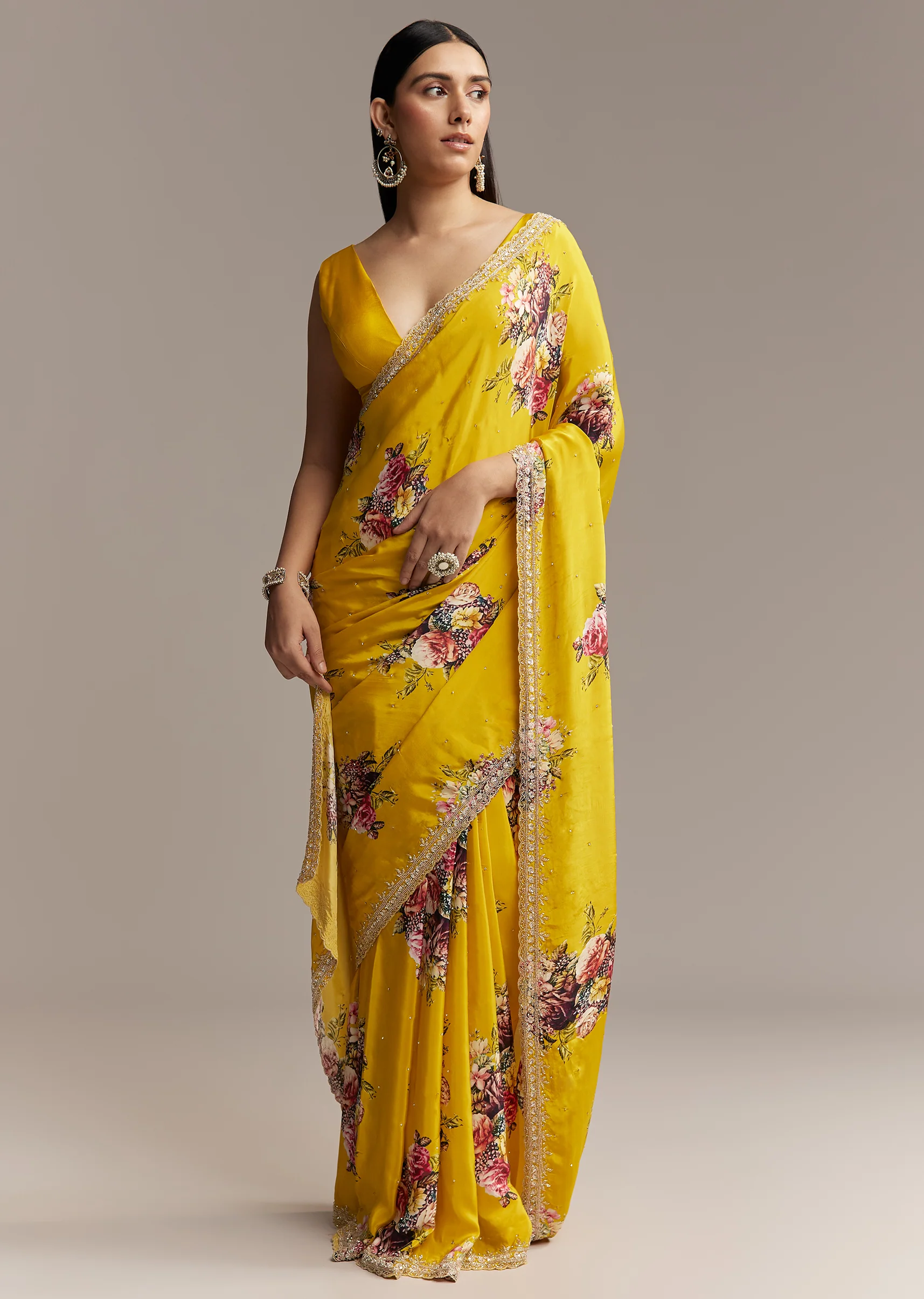 Yellow Crepe Saree With Multicolor Floral Print And Embellished Border - Image 3