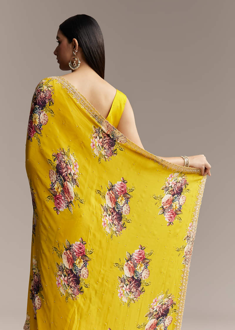 Yellow Crepe Saree With Multicolor Floral Print And Embellished Border - Image 4