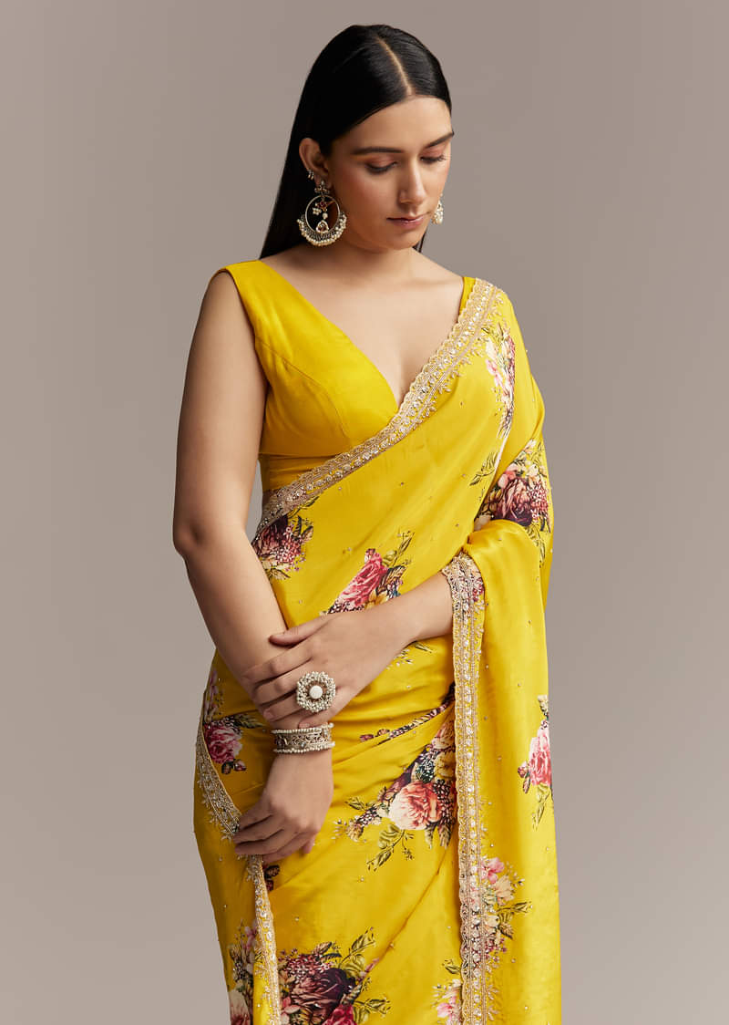 Yellow Crepe Saree With Multicolor Floral Print And Embellished Border - Image 5