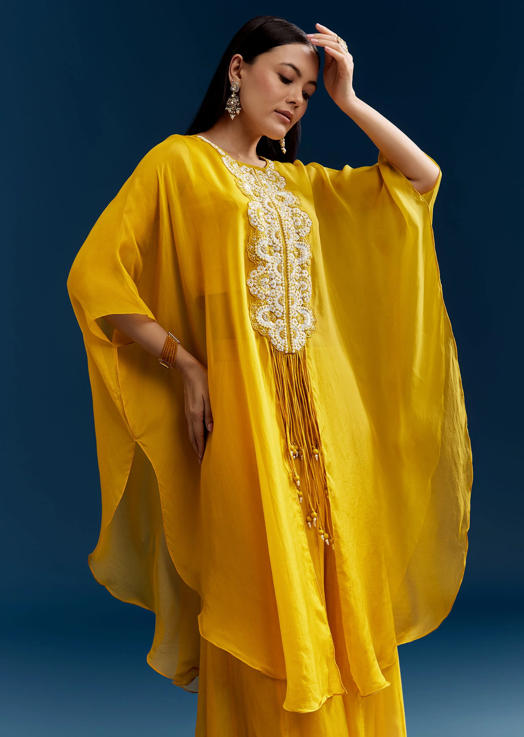 Yellow Crop Top Cape Set With Embroidery And Fancy Sleeves - Image 4
