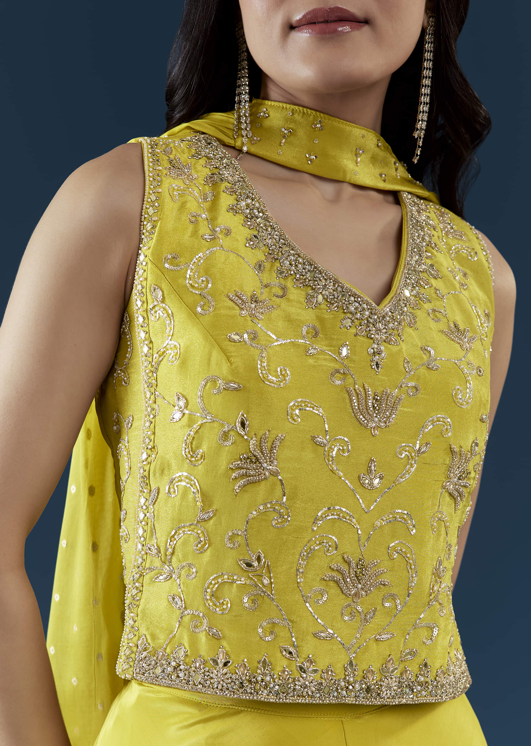 Yellow Crop Top Palazzo Set with Moti Work - Image 2