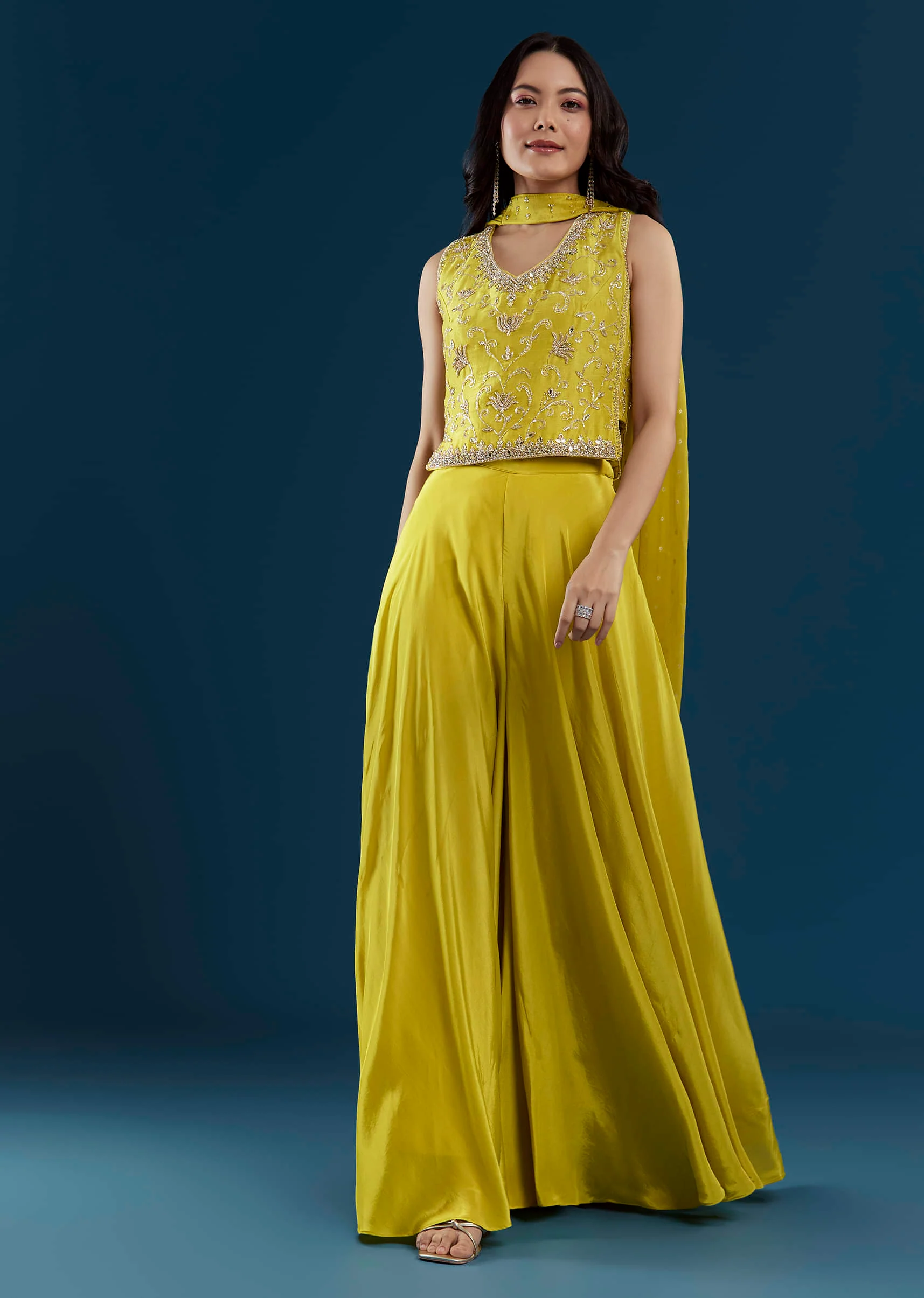 Yellow Crop Top Palazzo Set with Moti Work - Image 3