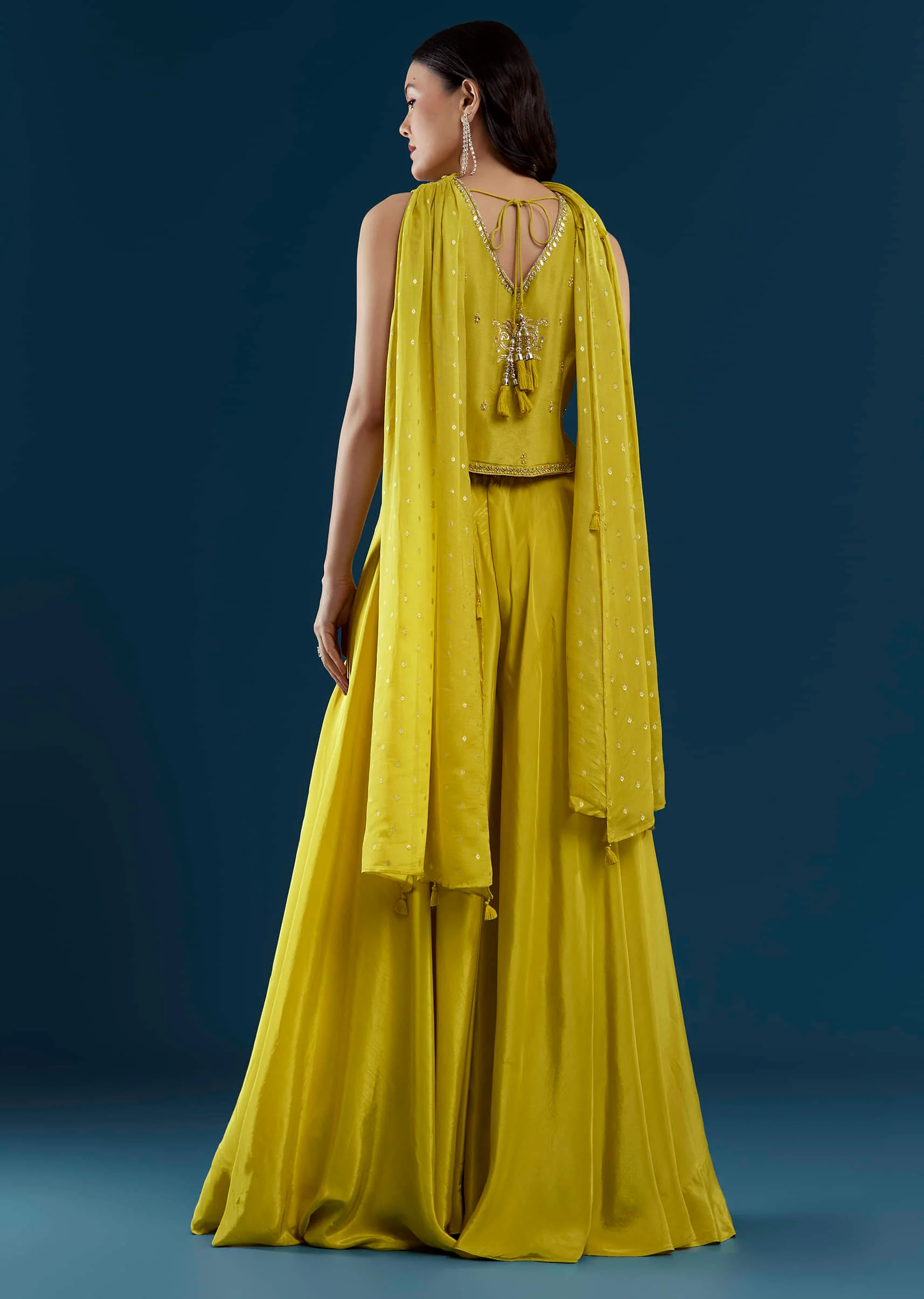 Yellow Crop Top Palazzo Set with Moti Work - Image 5