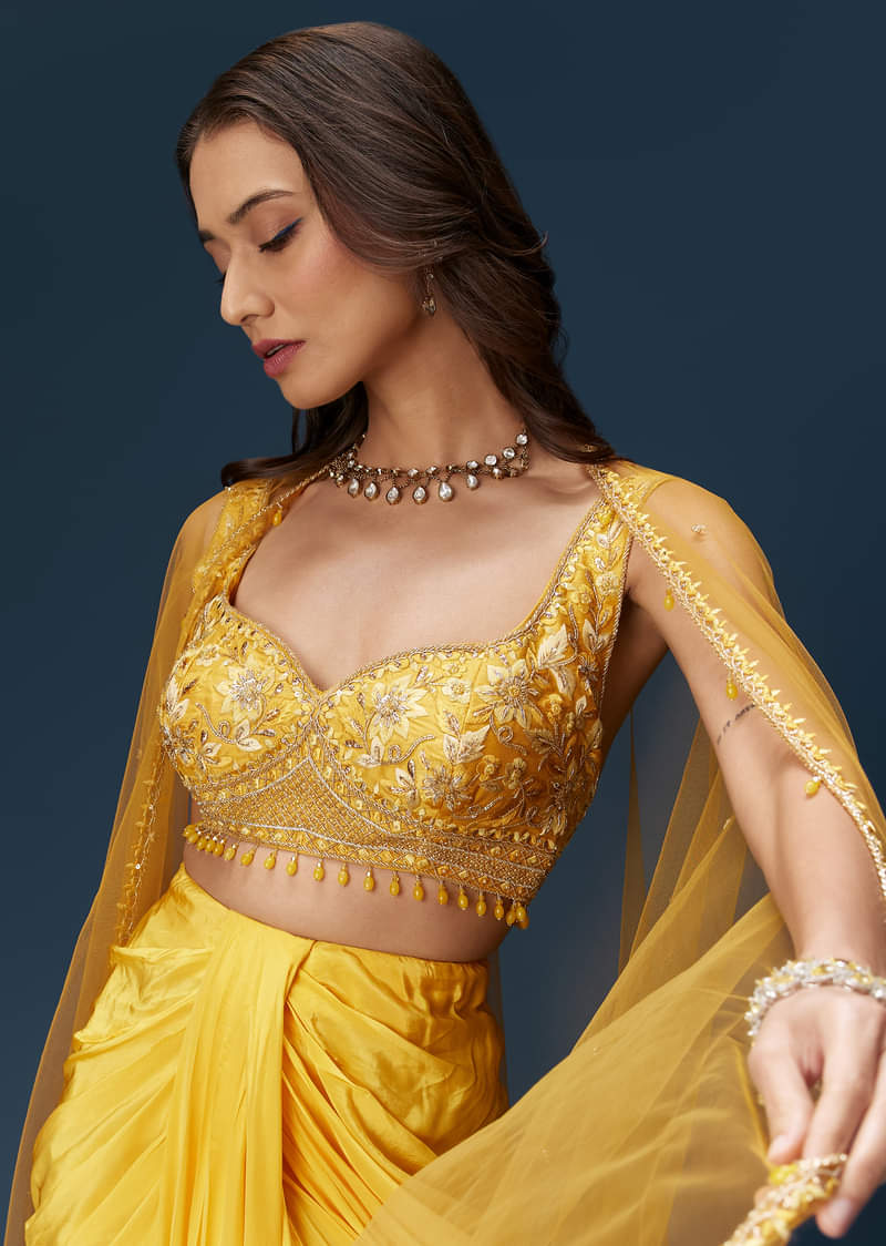 Yellow Crop Top Set With Embroidered Blouse And Drape Dupatta - Image 4