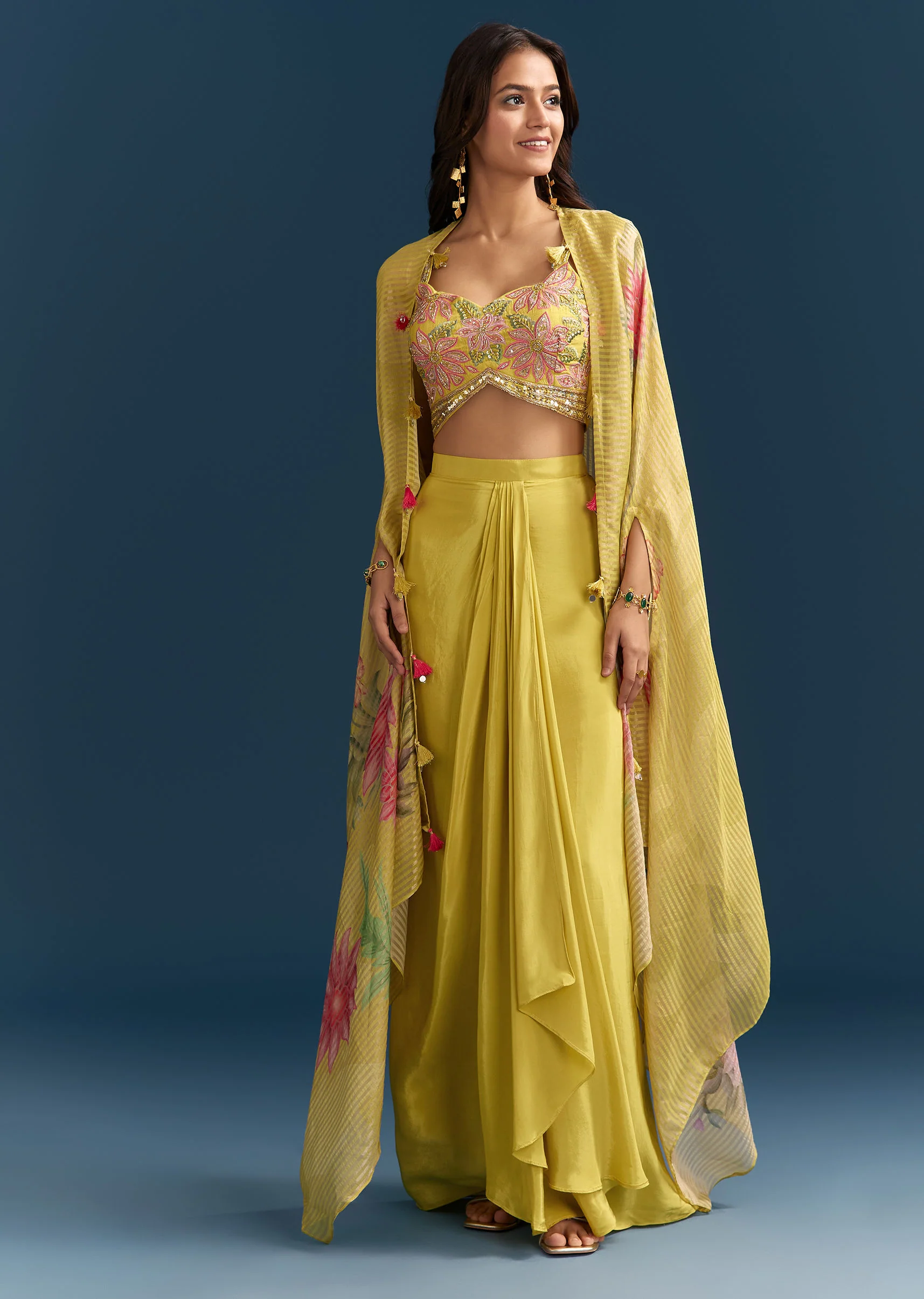 Yellow Crop Top Skirt With Floral Cape And Resham Detailing - Image 4