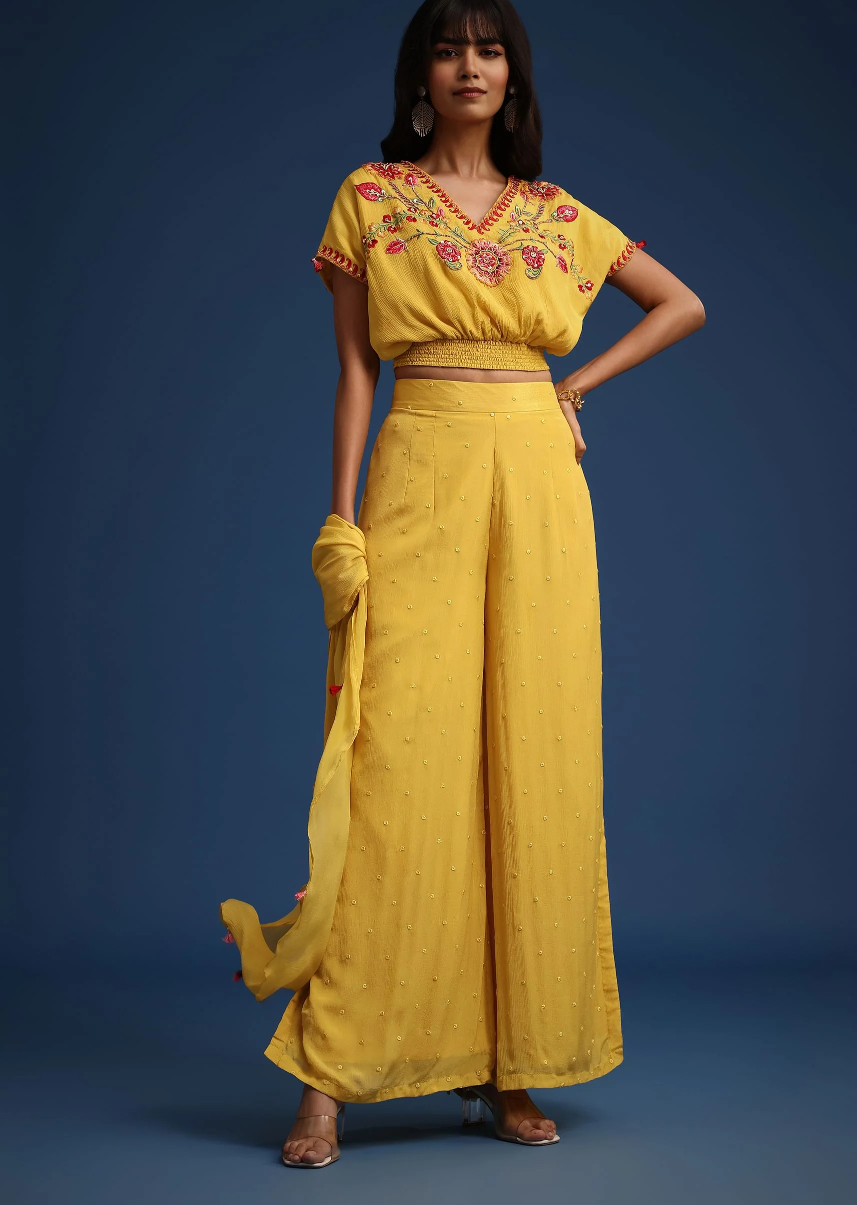 Yellow Crop Top With Slit Palazzo And Scarf - Image 3