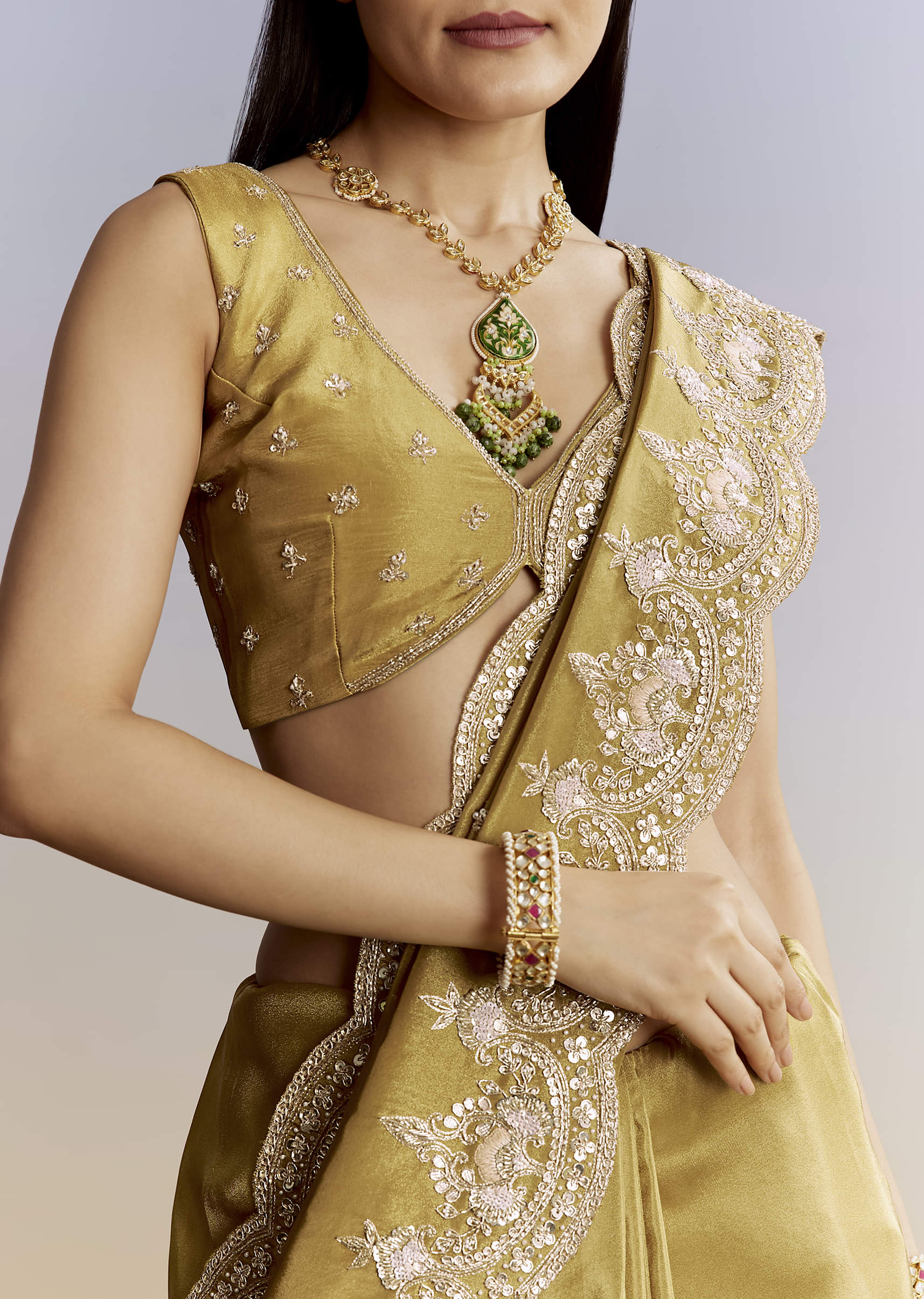 Yellow Crush Tissue Saree With Gota Zari And Beads Embroidery - Image 2