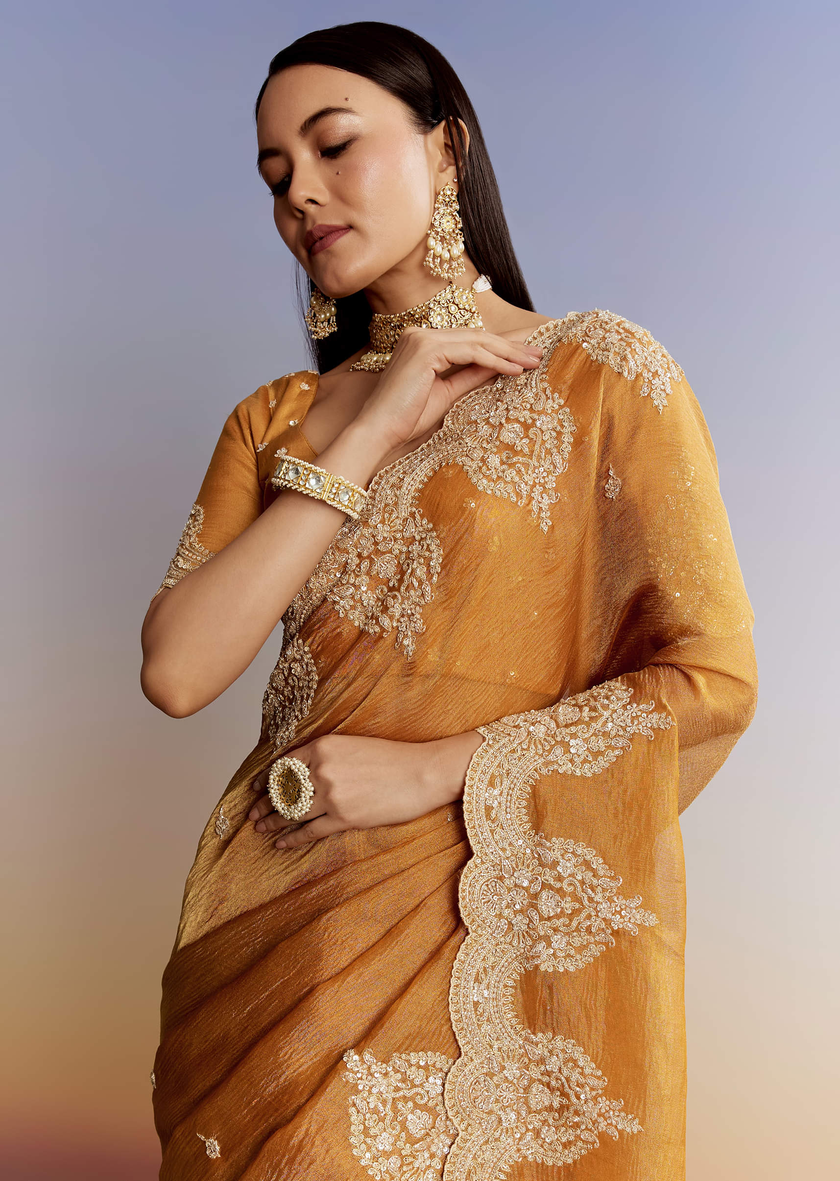 Yellow Crush Tissue Saree With Heavy Embroidered Border And Blouse - Image 5